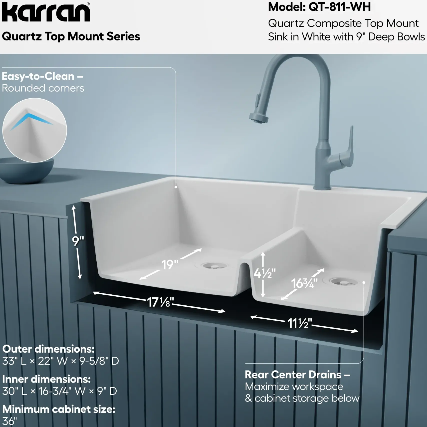 Karran 33" Drop In/Topmount Quartz Composite Kitchen Sink, 60/40 Double Bowl, White, QT-811-WH
