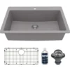 Karran 33" Drop In/Topmount Quartz Composite Kitchen Sink with Accessories, Grey, QT-812-GR-PK1