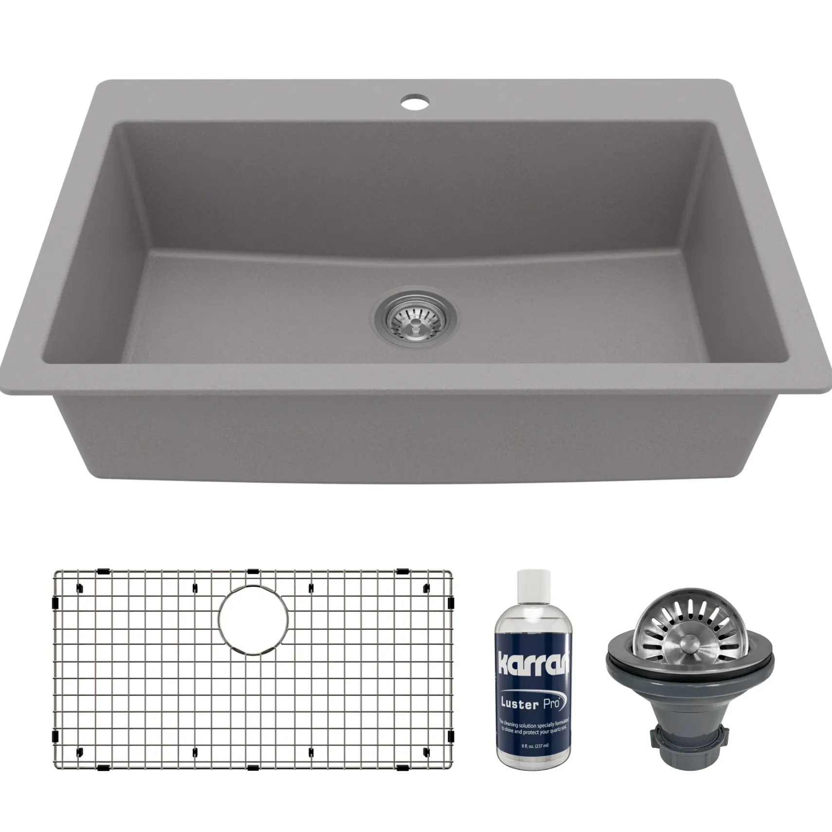 Karran 33" Drop In/Topmount Quartz Composite Kitchen Sink with Accessories, Grey, QT-812-GR-PK1