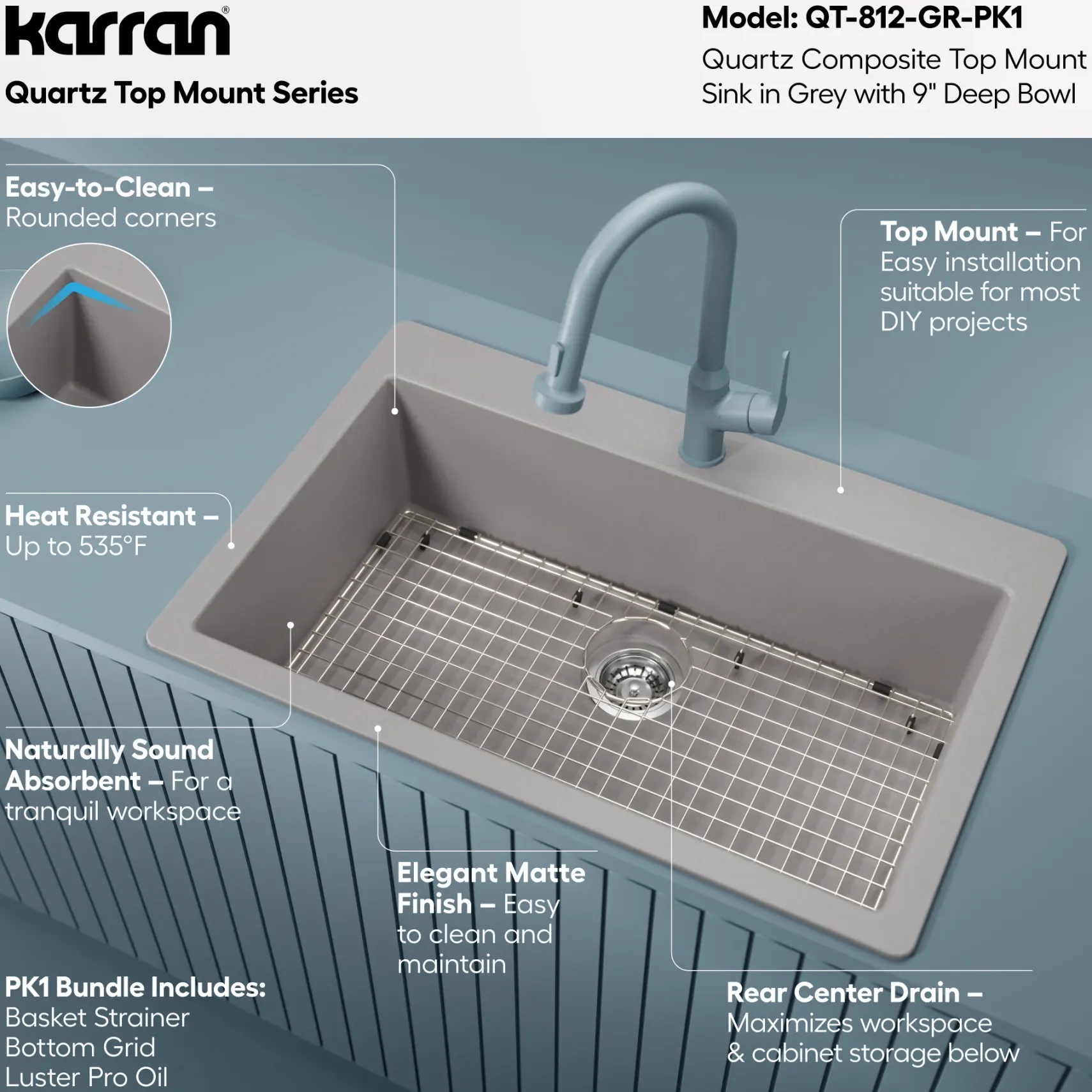 Karran 33" Drop In/Topmount Quartz Composite Kitchen Sink with Accessories, Grey, QT-812-GR-PK1