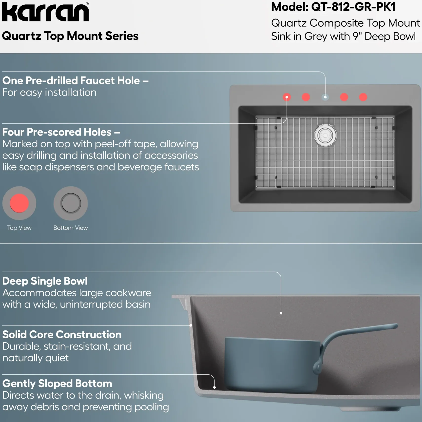 Karran 33" Drop In/Topmount Quartz Composite Kitchen Sink with Accessories, Grey, QT-812-GR-PK1