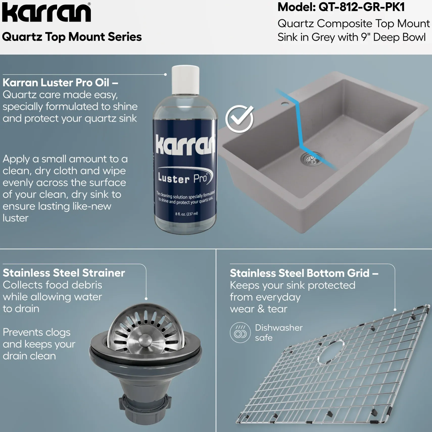 Karran 33" Drop In/Topmount Quartz Composite Kitchen Sink with Accessories, Grey, QT-812-GR-PK1