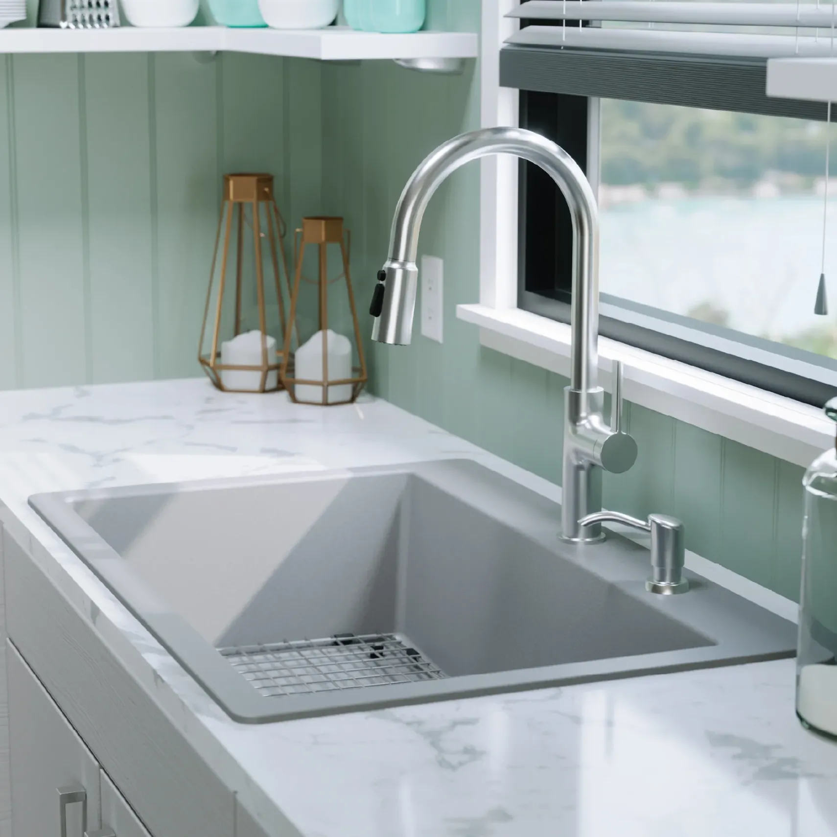 Karran 33" Drop In/Topmount Quartz Composite Kitchen Sink with Accessories, Grey, QT-812-GR-PK1