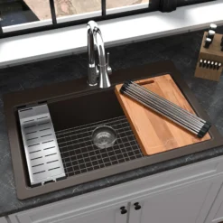 Karran 33" Drop In/Topmount Quartz Composite Workstation Kitchen Sink with Accessories, Brown, QTWS-875-BR