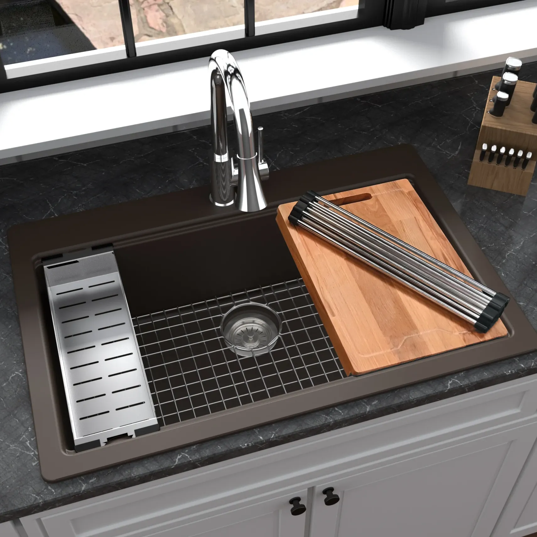 Karran 33" Drop In/Topmount Quartz Composite Workstation Kitchen Sink with Accessories, Brown, QTWS-875-BR