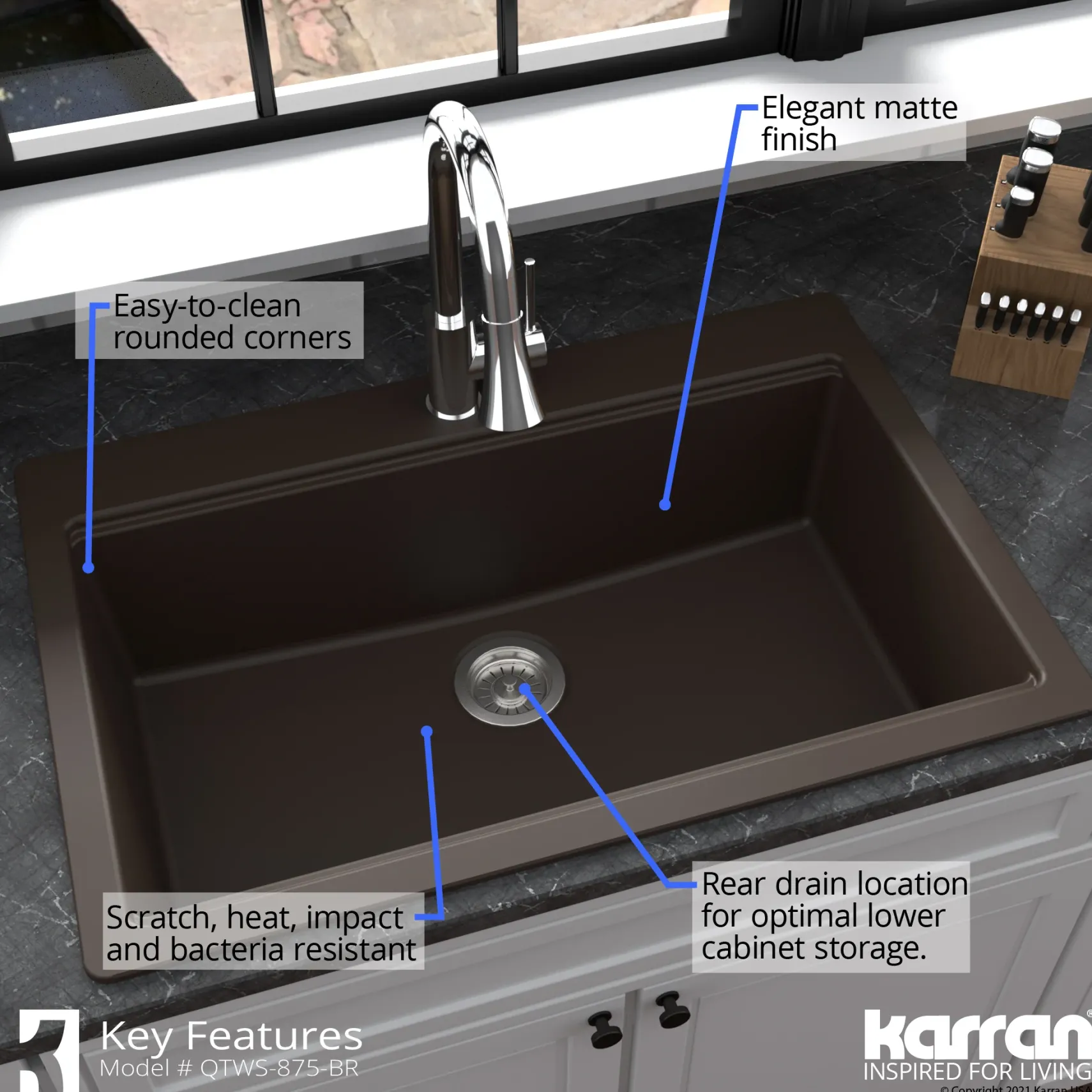 Karran 33" Drop In/Topmount Quartz Composite Workstation Kitchen Sink with Accessories, Brown, QTWS-875-BR