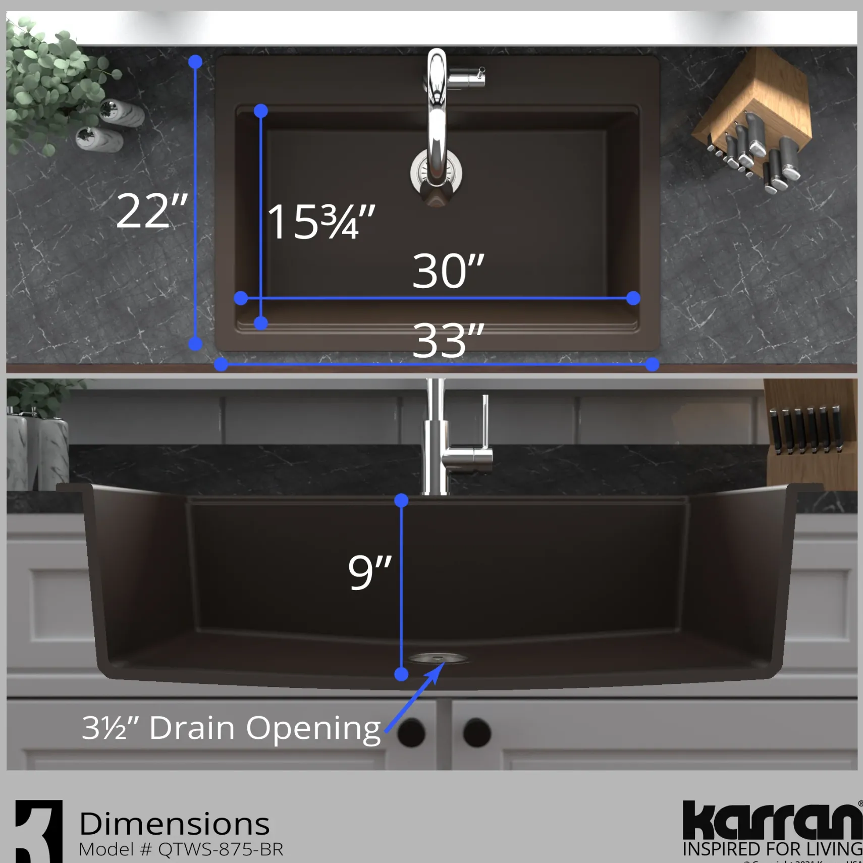 Karran 33" Drop In/Topmount Quartz Composite Workstation Kitchen Sink with Accessories, Brown, QTWS-875-BR