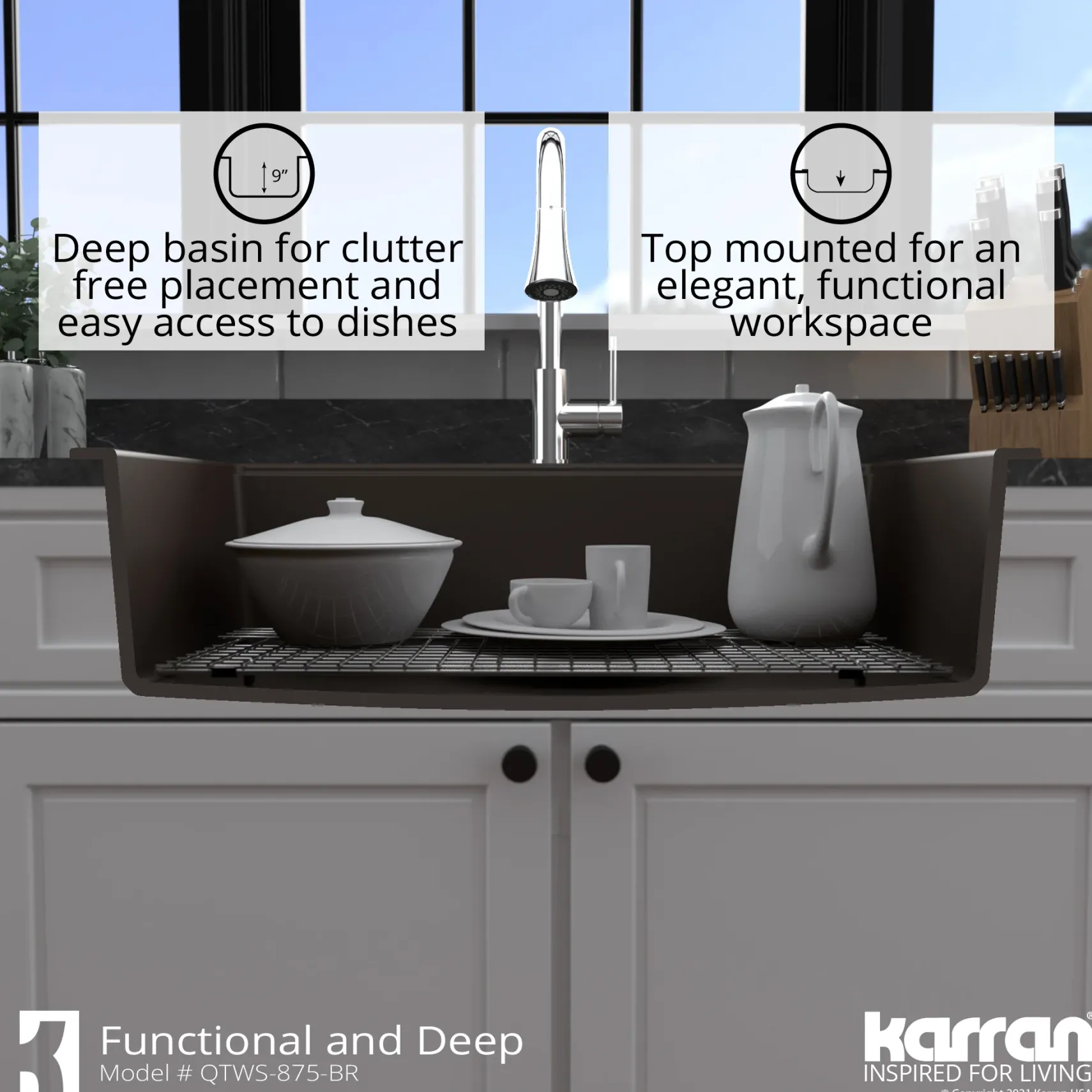 Karran 33" Drop In/Topmount Quartz Composite Workstation Kitchen Sink with Accessories, Brown, QTWS-875-BR