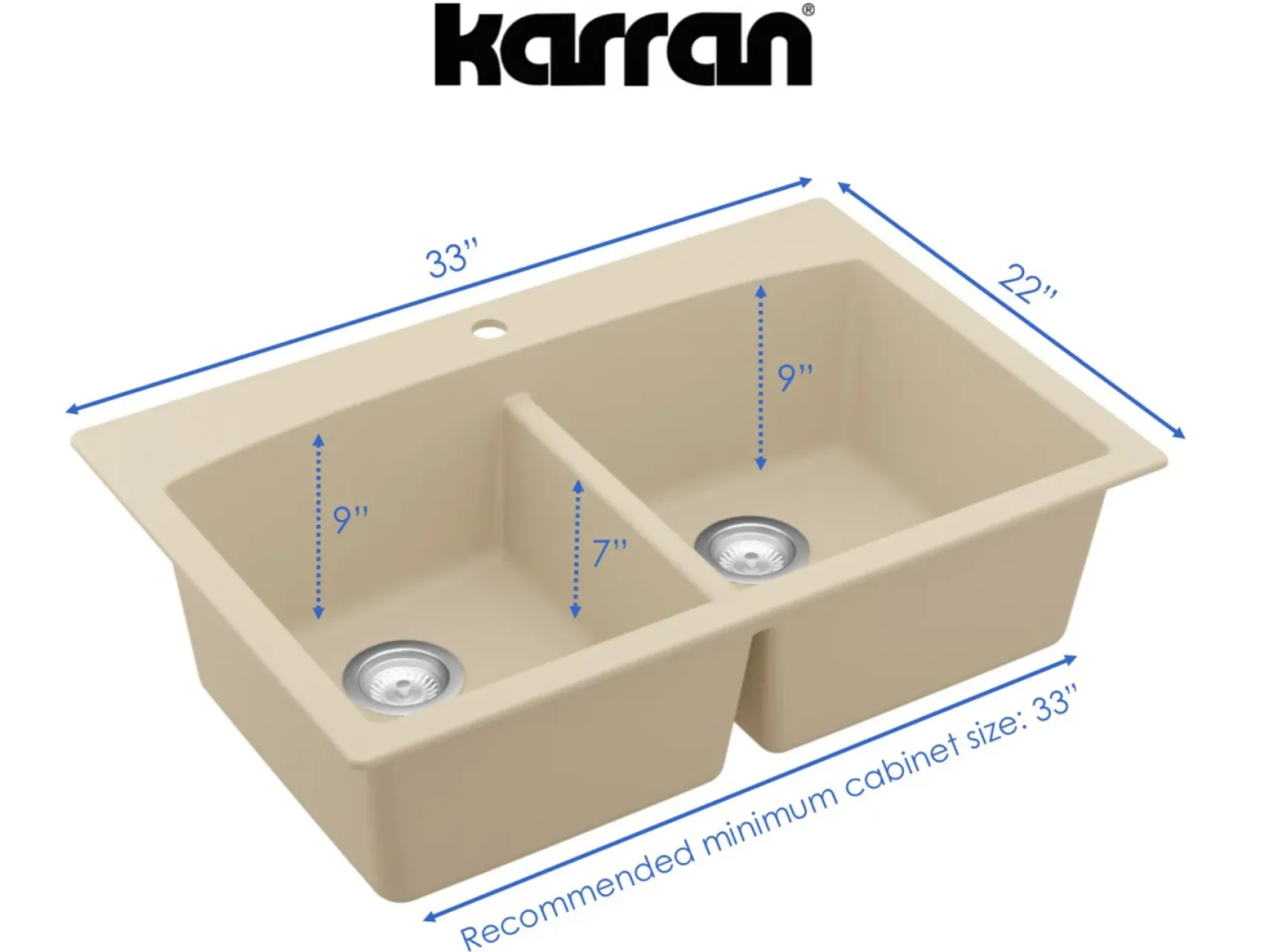 Karran 33" Drop In/Topmount Quartz Composite Kitchen Sink, 50/50 Double Bowl, Bisque, QT-710-BI