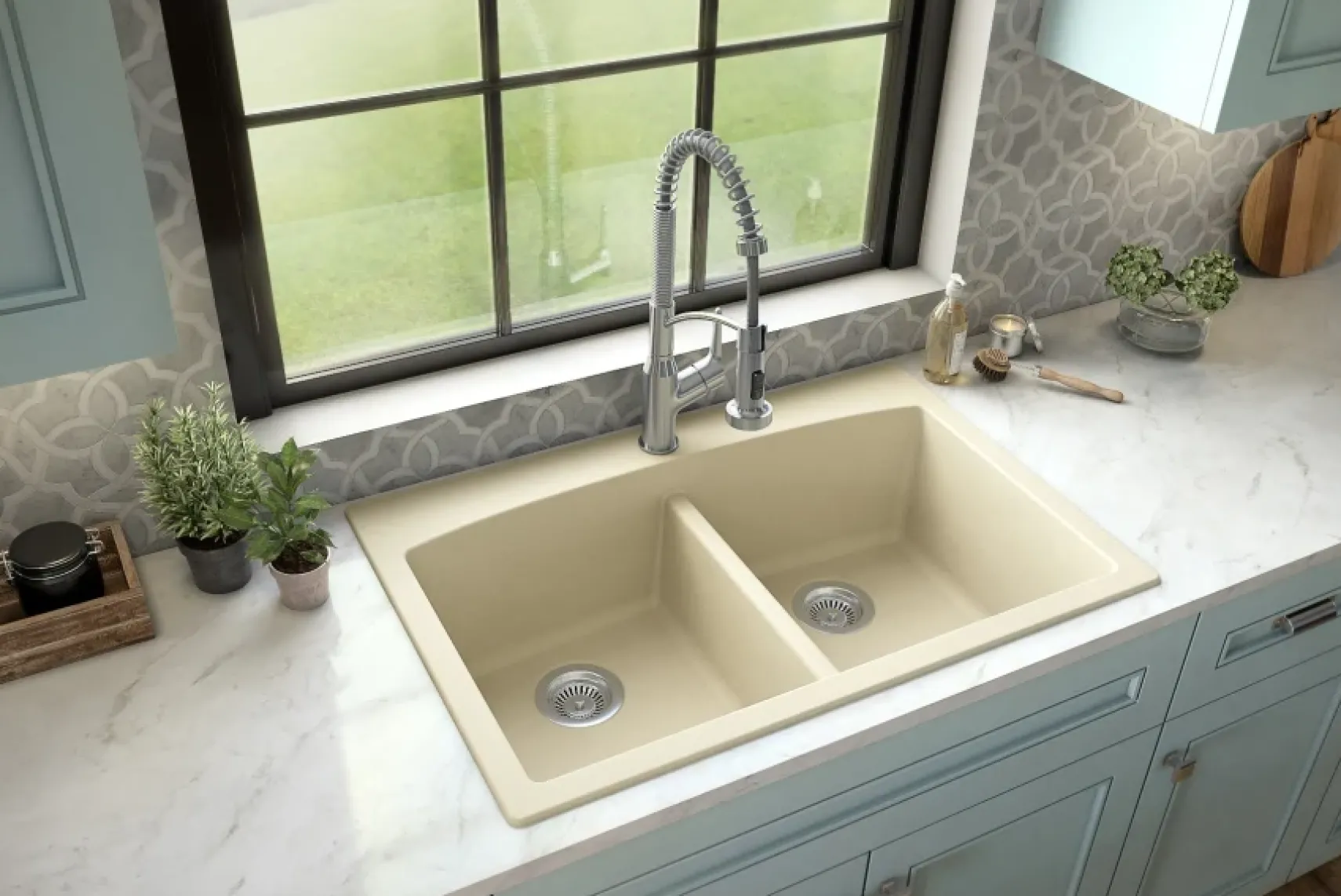 Karran 33" Drop In/Topmount Quartz Composite Kitchen Sink, 50/50 Double Bowl, Bisque, QT-710-BI