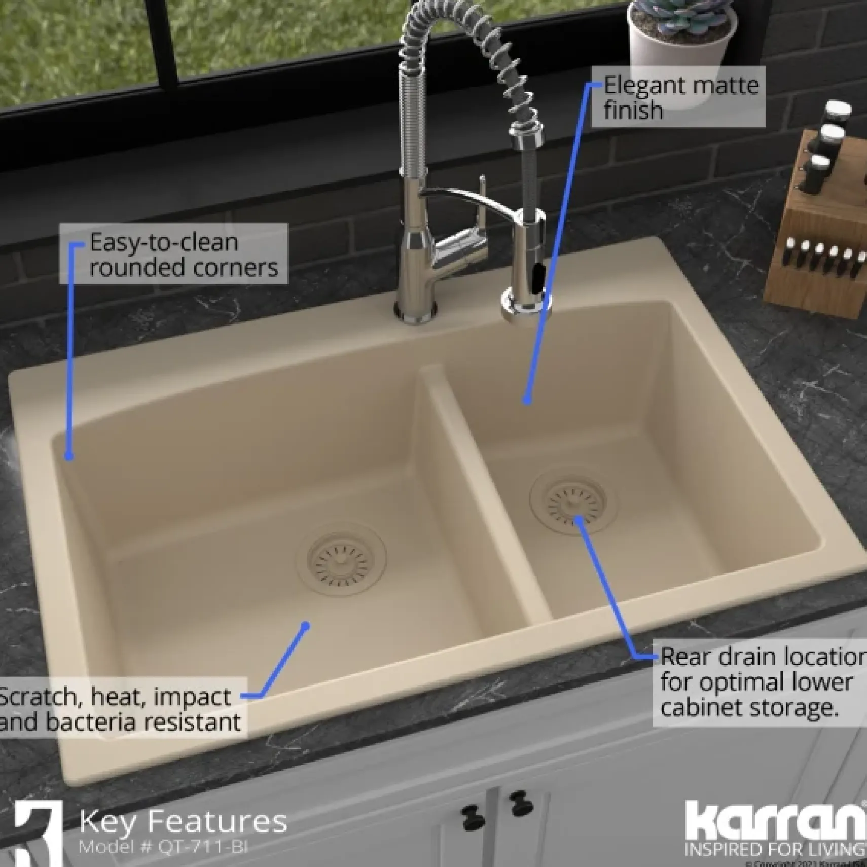 Karran 33" Drop In/Topmount Quartz Composite Kitchen Sink, 50/50 Double Bowl, Bisque, QT-710-BI