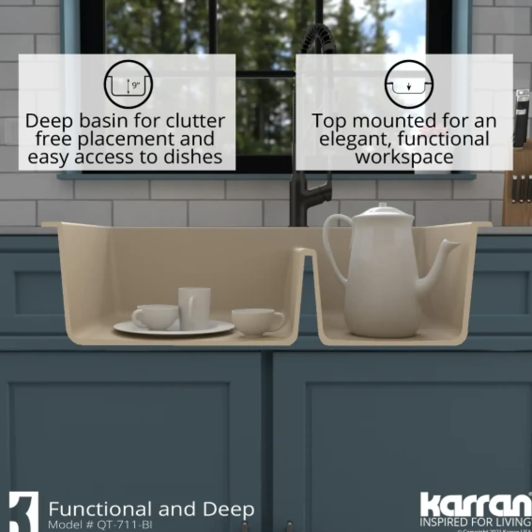 Karran 33" Drop In/Topmount Quartz Composite Kitchen Sink, 50/50 Double Bowl, Bisque, QT-710-BI