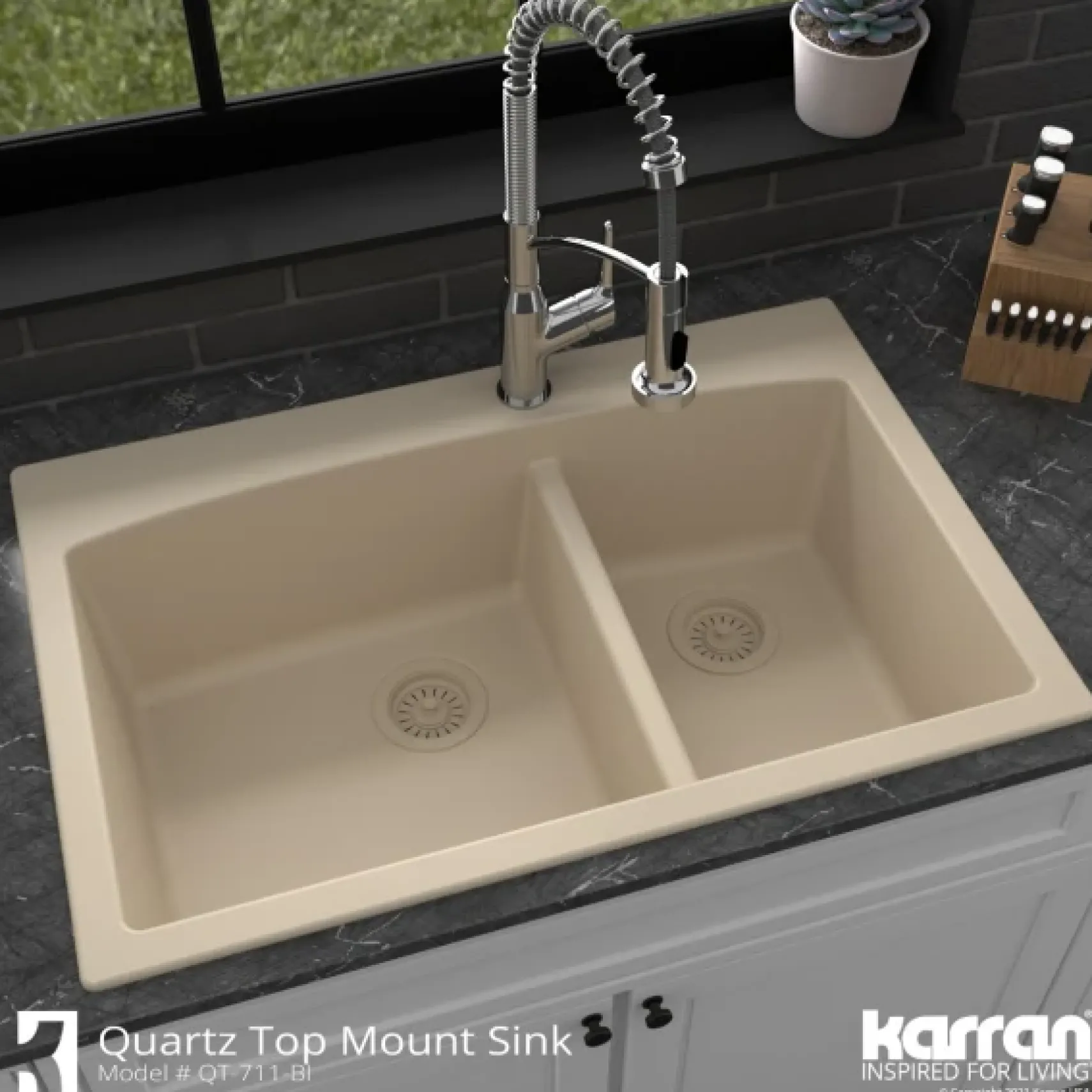 Karran 33" Drop In/Topmount Quartz Composite Kitchen Sink, 50/50 Double Bowl, Bisque, QT-710-BI