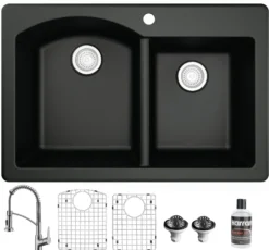 Karran 33" Drop In/Topmount Quartz Composite Kitchen Sink with Stainless Steel Faucet and Accessories, 60/40 Double Bowl, Black, QT610BL210SS