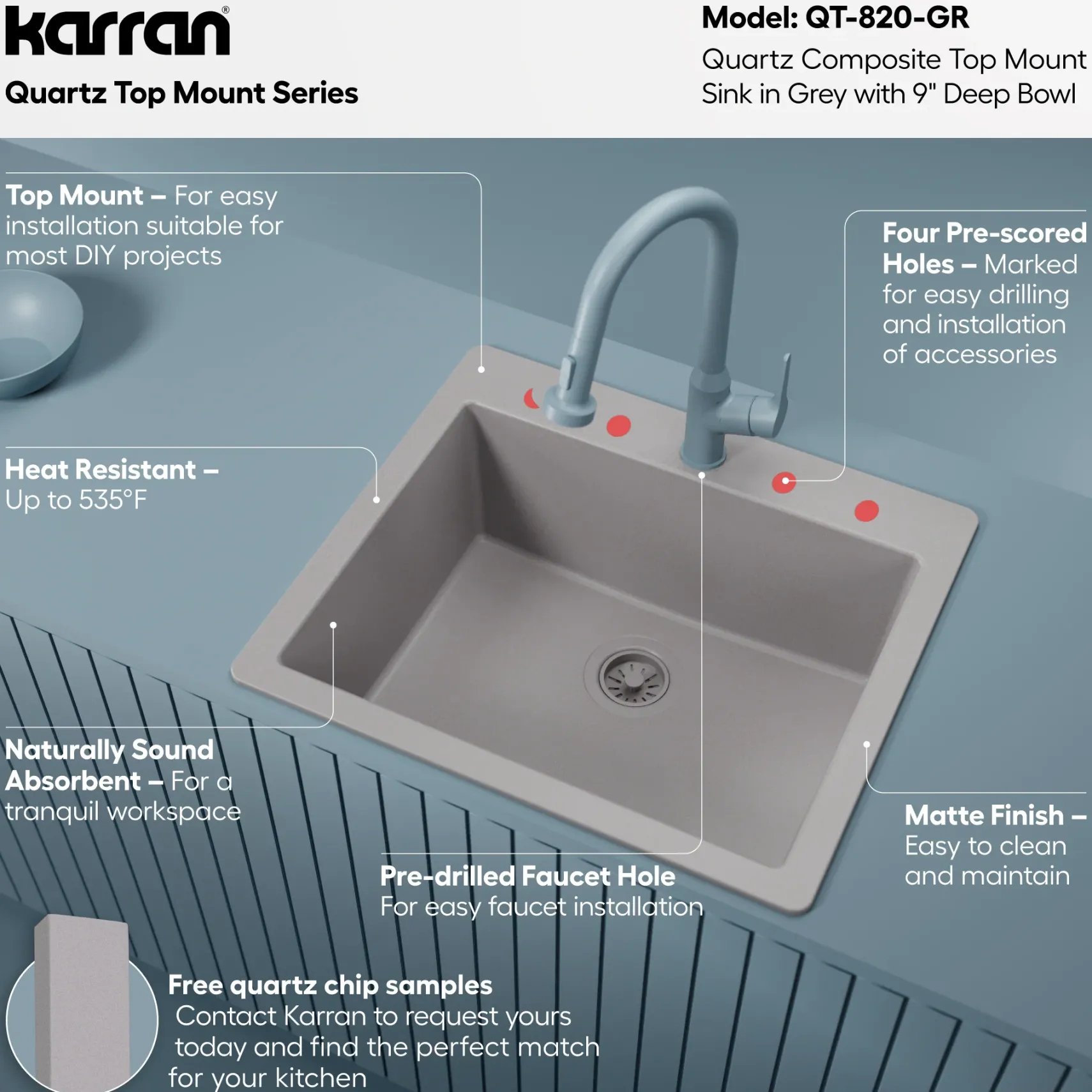 Karran 25" Drop In/Topmount Quartz Composite Kitchen Sink, Grey, QT-820-GR