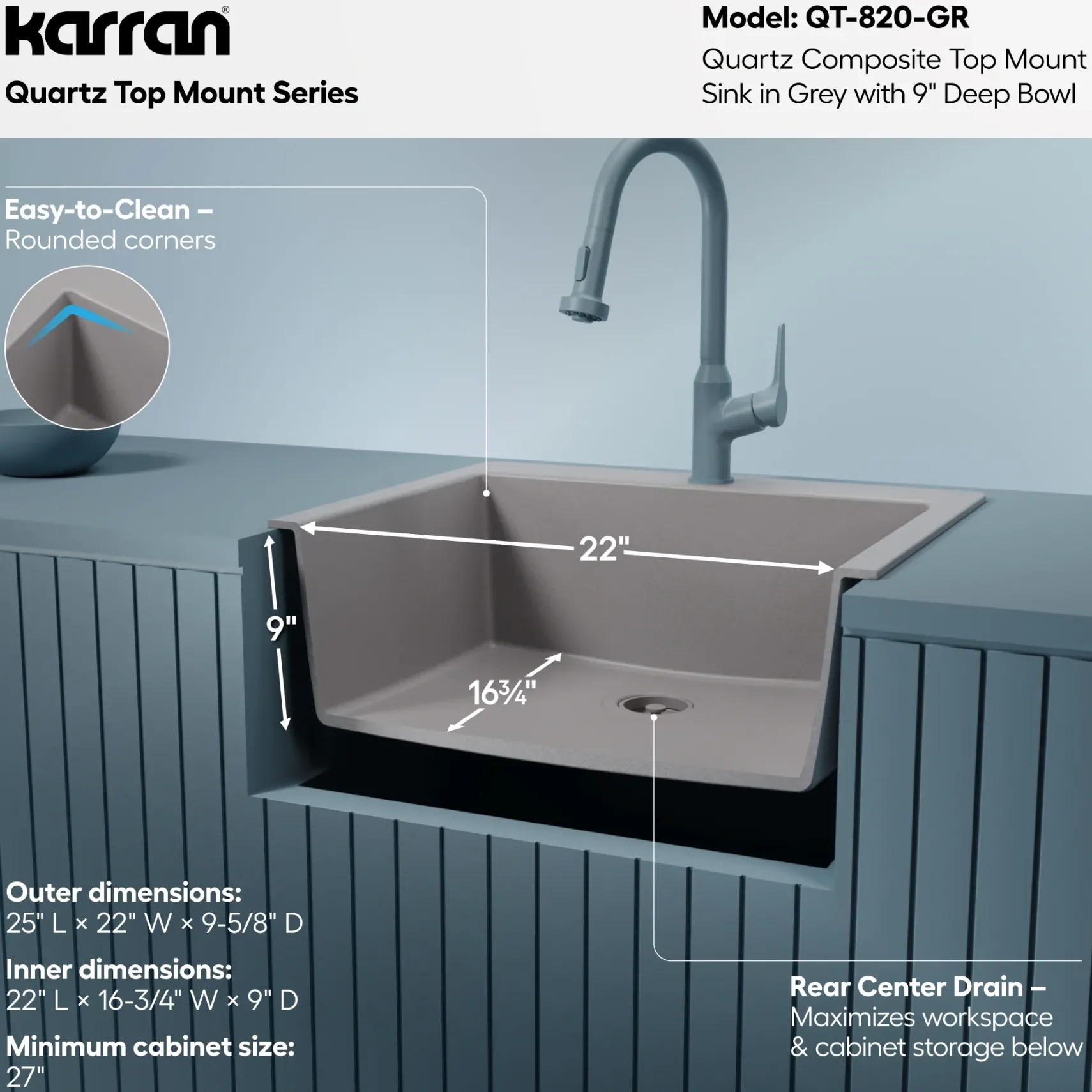 Karran 25" Drop In/Topmount Quartz Composite Kitchen Sink, Grey, QT-820-GR