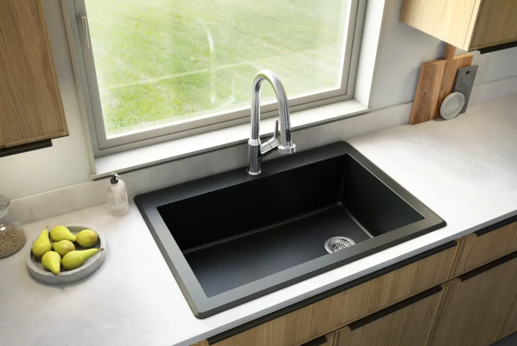 Karran 33" Drop In/Topmount Quartz Composite Kitchen Sink, Black, QT-670-BL-PK1