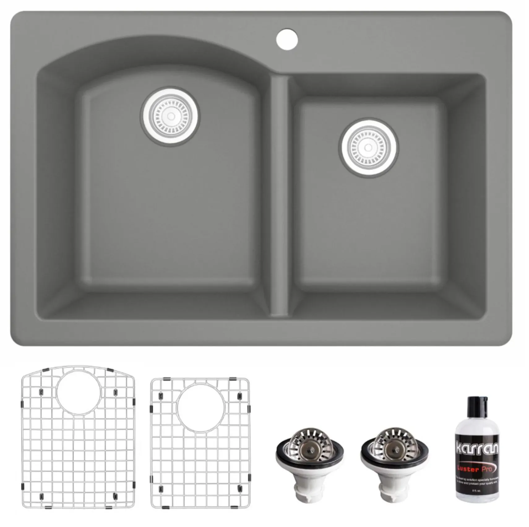 Karran 33" Drop In/Topmount Quartz Composite Kitchen Sink, 60/40 Double Bowl, Grey, QT-610-GR-PK1
