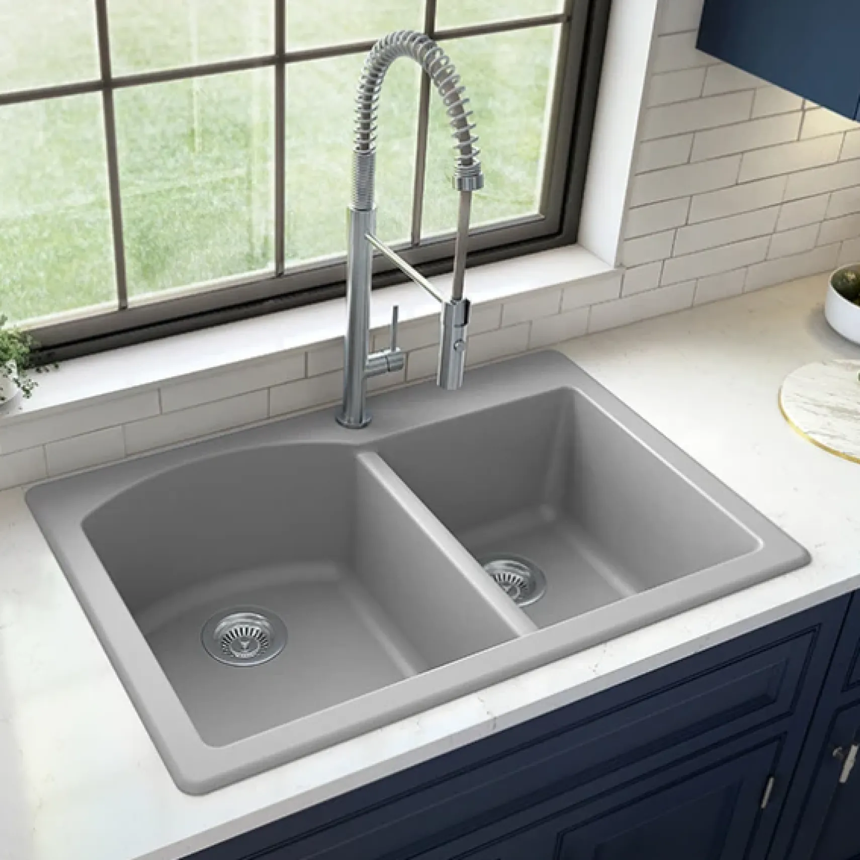Karran 33" Drop In/Topmount Quartz Composite Kitchen Sink, 60/40 Double Bowl, Grey, QT-610-GR-PK1