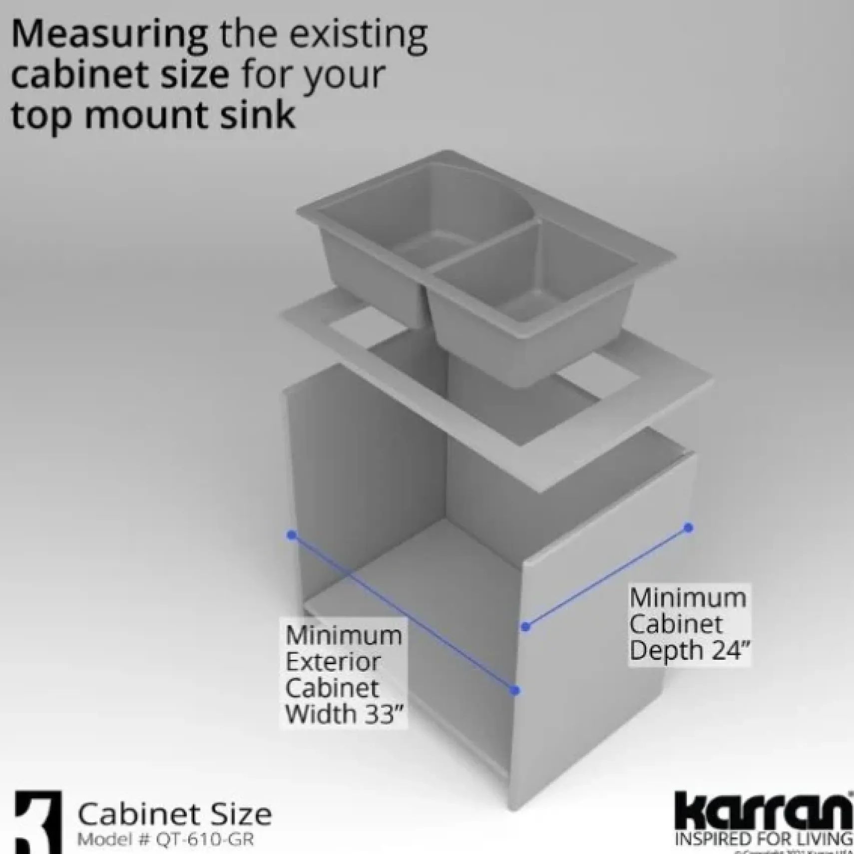 Karran 33" Drop In/Topmount Quartz Composite Kitchen Sink, 60/40 Double Bowl, Grey, QT-610-GR-PK1