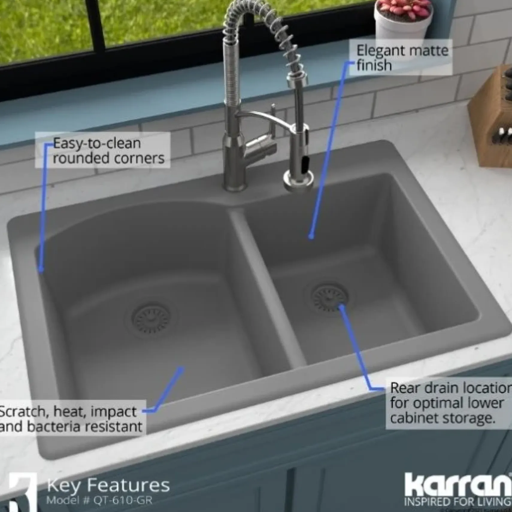 Karran 33" Drop In/Topmount Quartz Composite Kitchen Sink, 60/40 Double Bowl, Grey, QT-610-GR-PK1