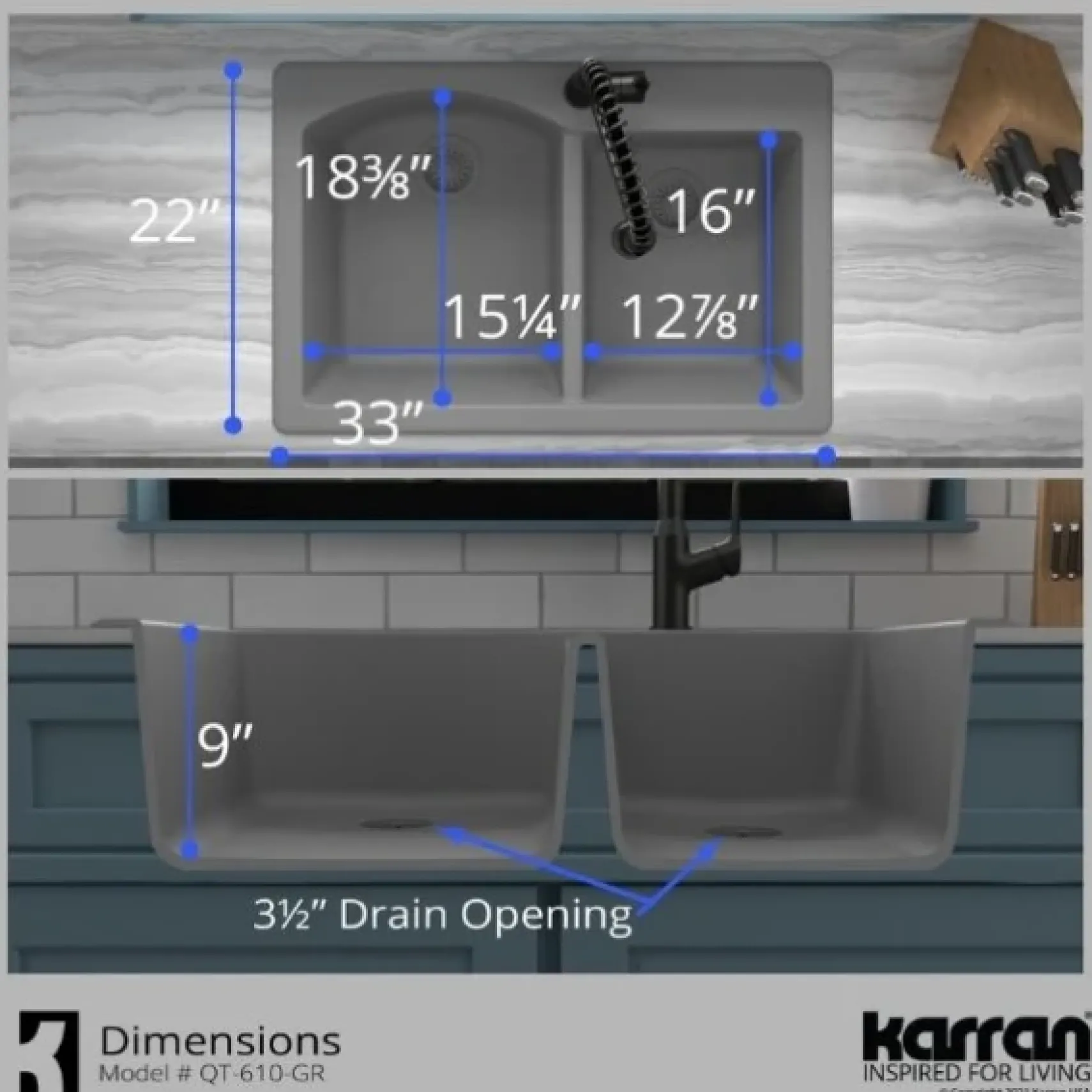 Karran 33" Drop In/Topmount Quartz Composite Kitchen Sink, 60/40 Double Bowl, Grey, QT-610-GR-PK1