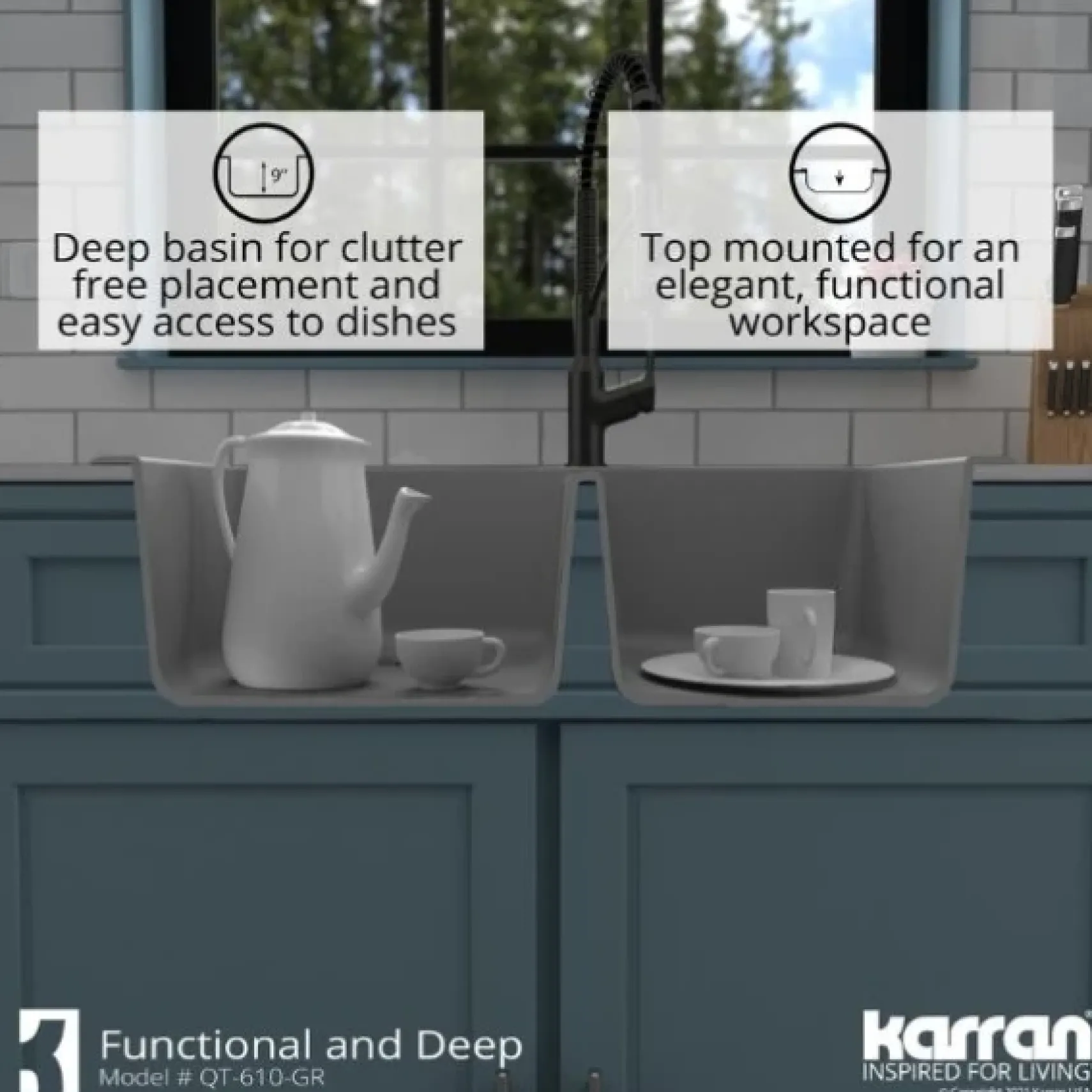 Karran 33" Drop In/Topmount Quartz Composite Kitchen Sink, 60/40 Double Bowl, Grey, QT-610-GR-PK1