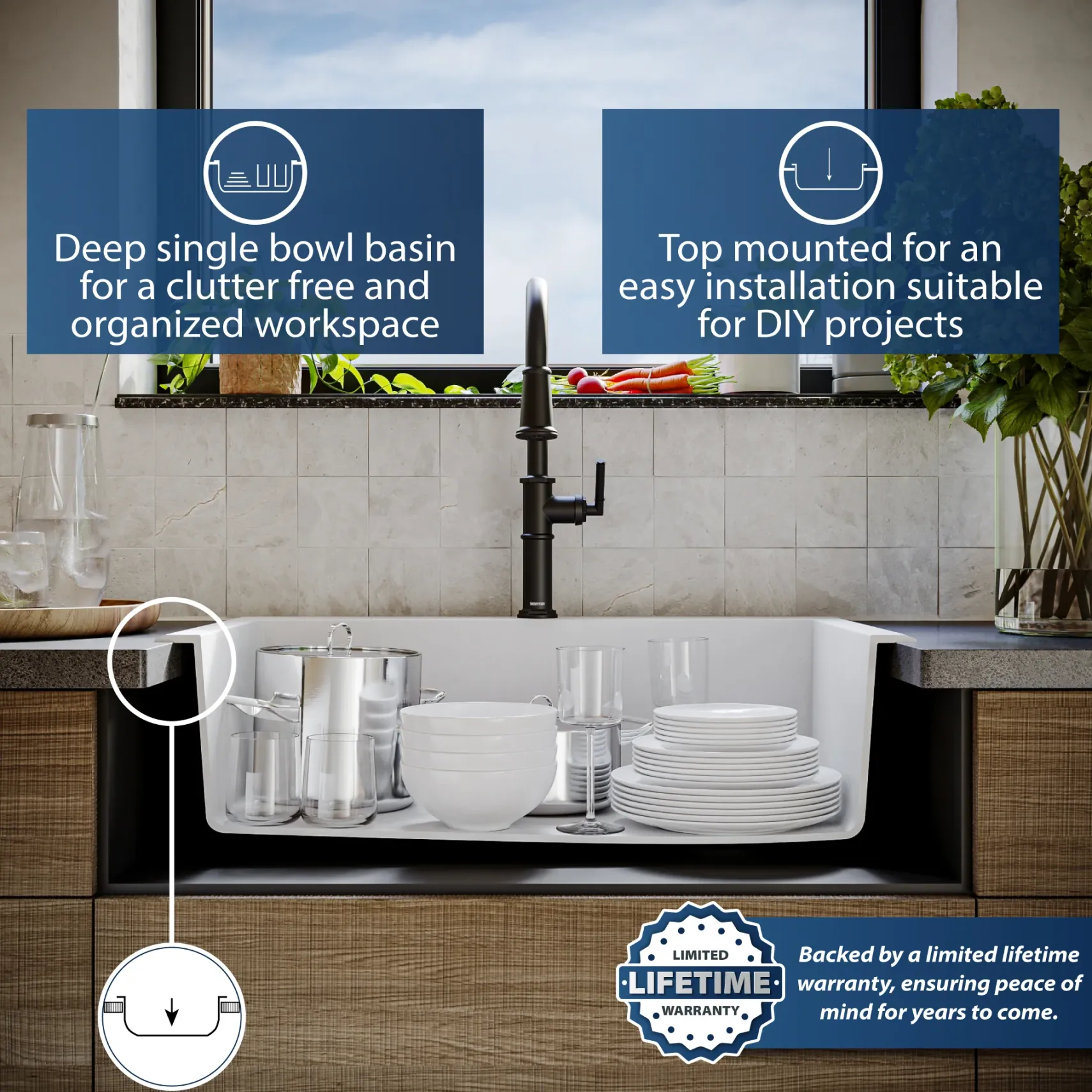 Karran 33" Drop In/Topmount Quartz Composite Kitchen Sink, White, QT-670-WH