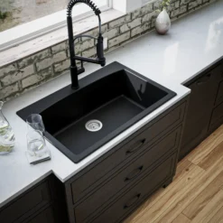 Karran 33" Drop In/Topmount Quartz Composite Kitchen Sink, Black, QT-712-BL