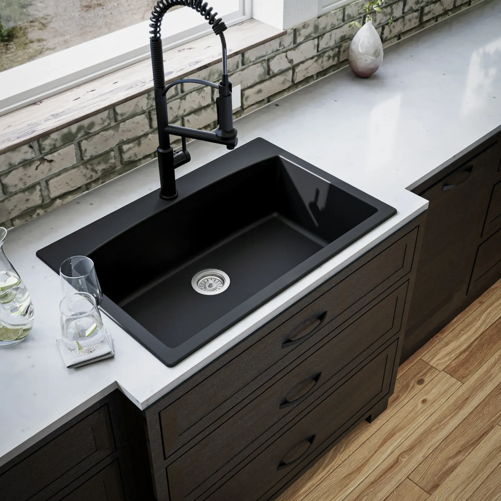 Karran 33" Drop In/Topmount Quartz Composite Kitchen Sink, Black, QT-712-BL