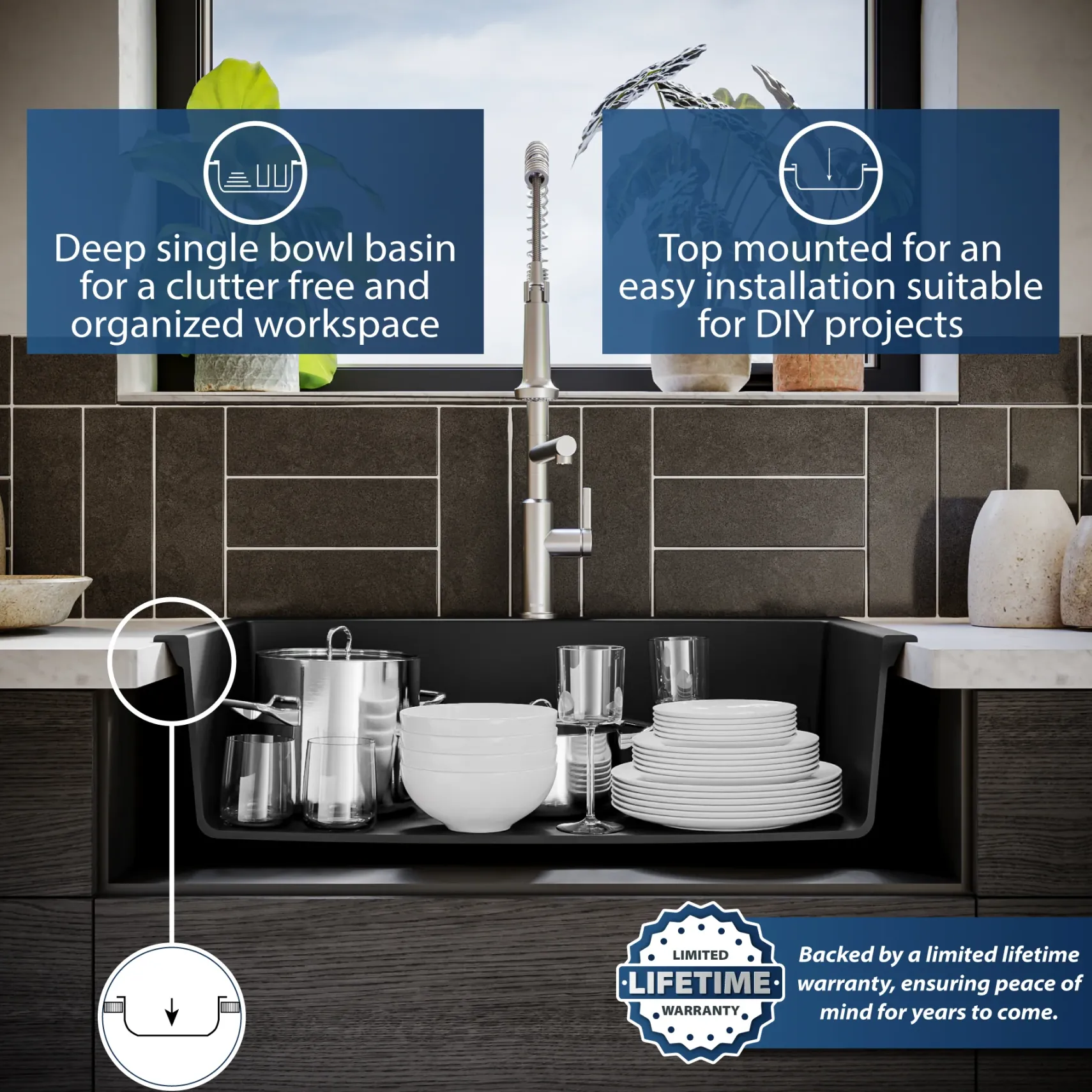 Karran 33" Drop In/Topmount Quartz Composite Kitchen Sink, Black, QT-712-BL