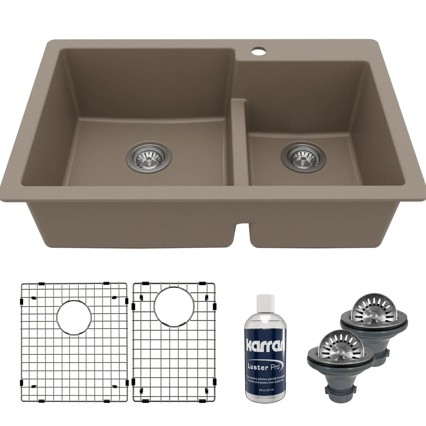Karran 33" Drop In/Topmount Quartz Composite Kitchen Sink with Accessories, 60/40 Double Bowl, Concrete, QT-811-CN-PK1