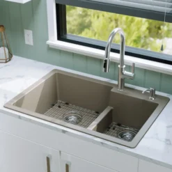 Karran 33" Drop In/Topmount Quartz Composite Kitchen Sink with Accessories, 60/40 Double Bowl, Concrete, QT-811-CN-PK1