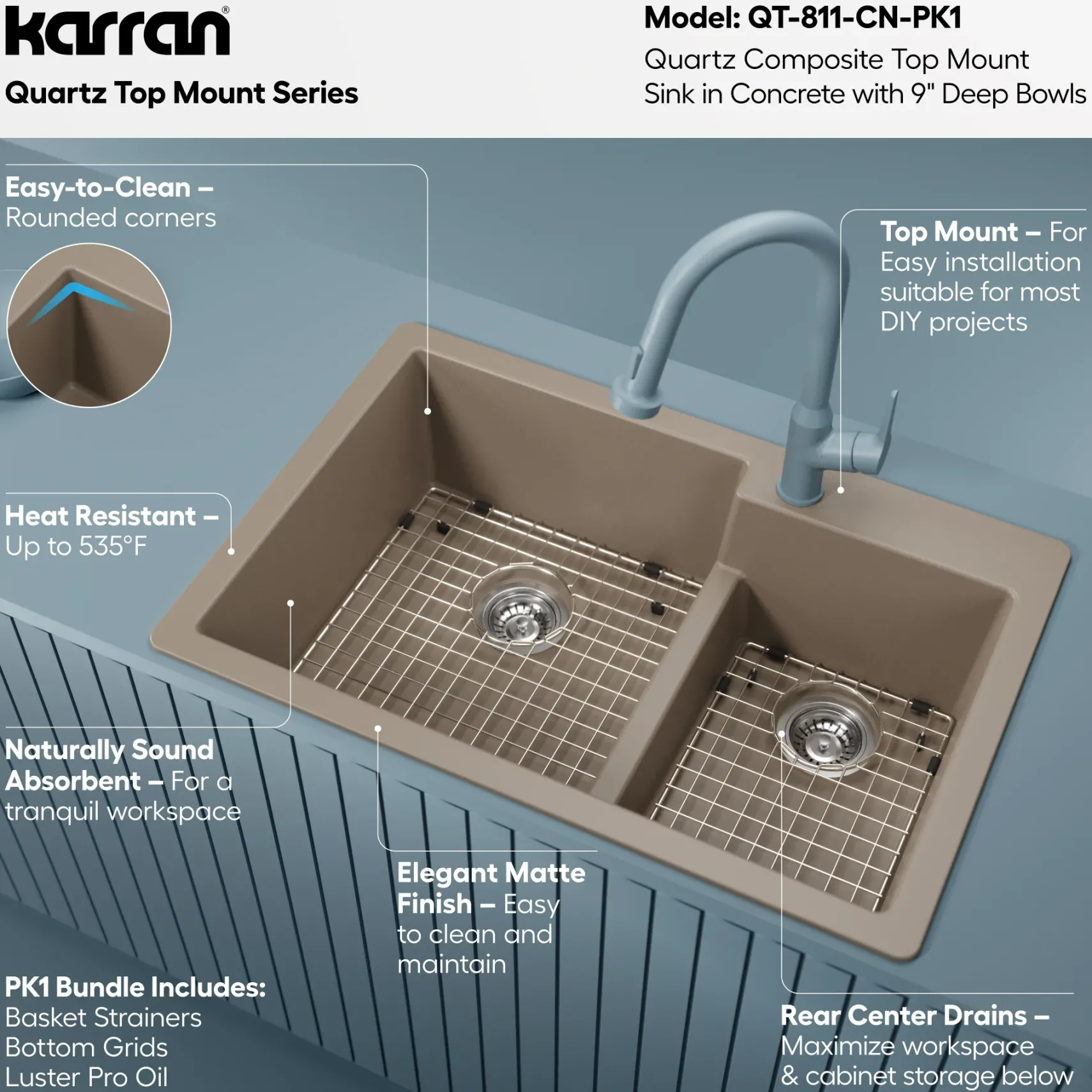 Karran 33" Drop In/Topmount Quartz Composite Kitchen Sink with Accessories, 60/40 Double Bowl, Concrete, QT-811-CN-PK1