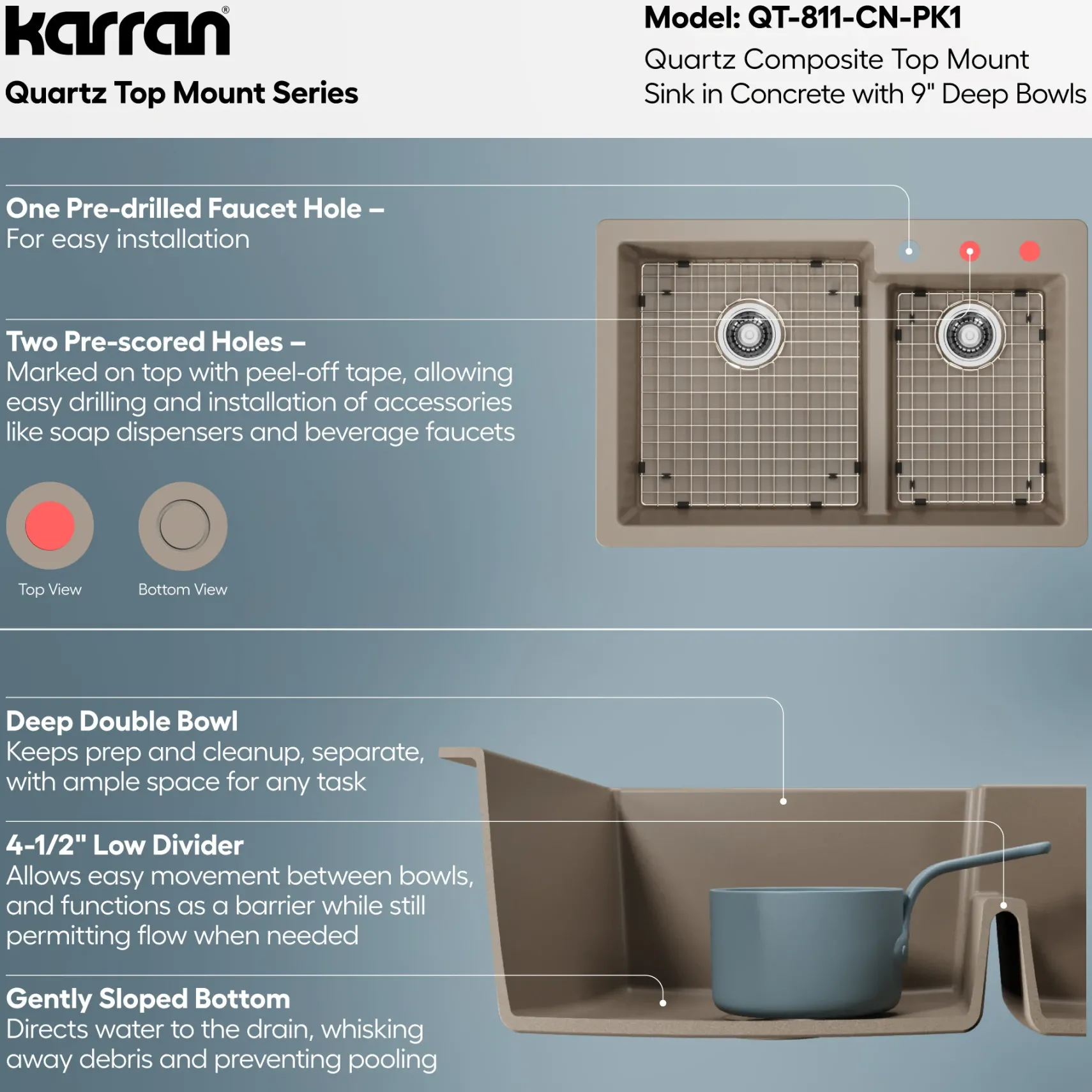 Karran 33" Drop In/Topmount Quartz Composite Kitchen Sink with Accessories, 60/40 Double Bowl, Concrete, QT-811-CN-PK1