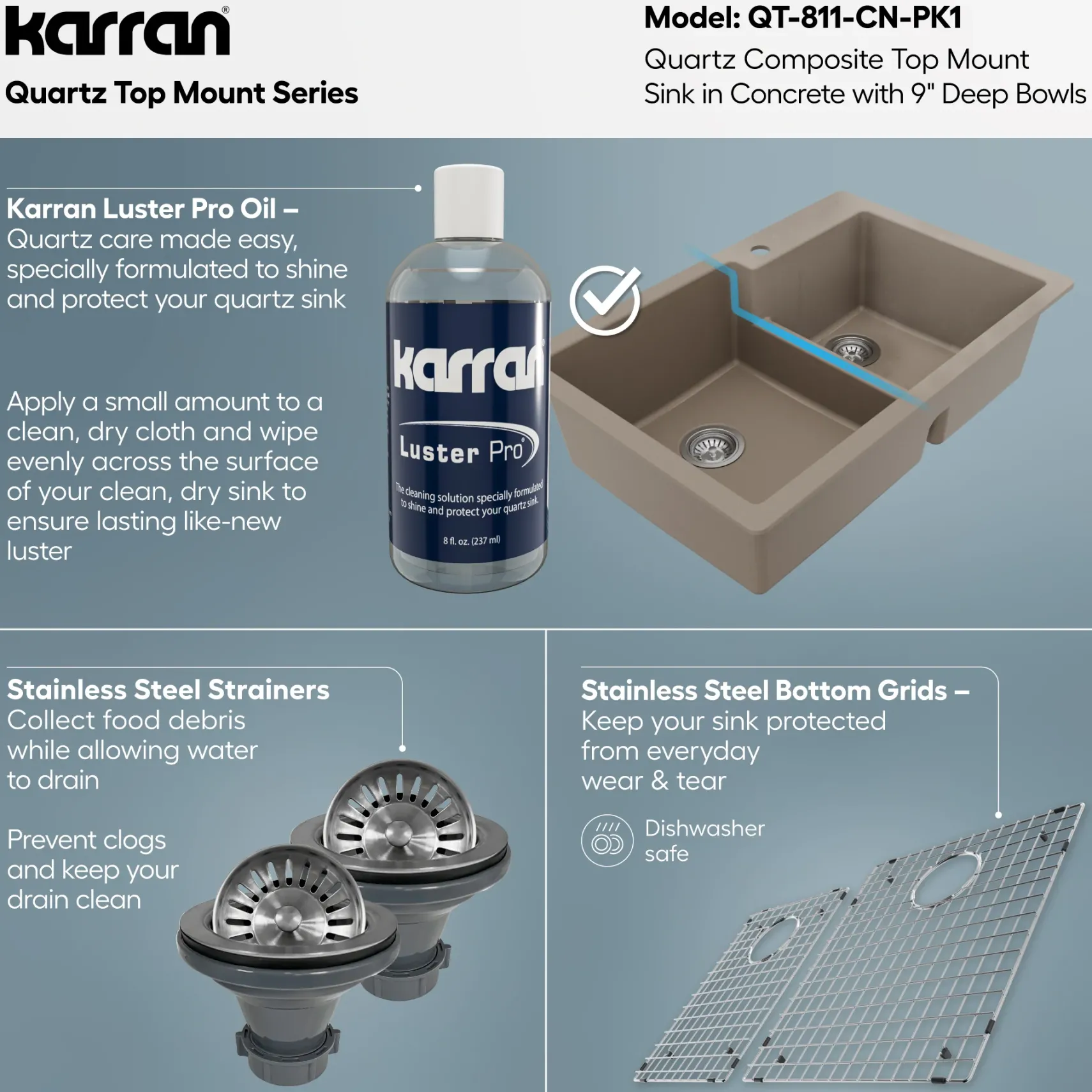 Karran 33" Drop In/Topmount Quartz Composite Kitchen Sink with Accessories, 60/40 Double Bowl, Concrete, QT-811-CN-PK1
