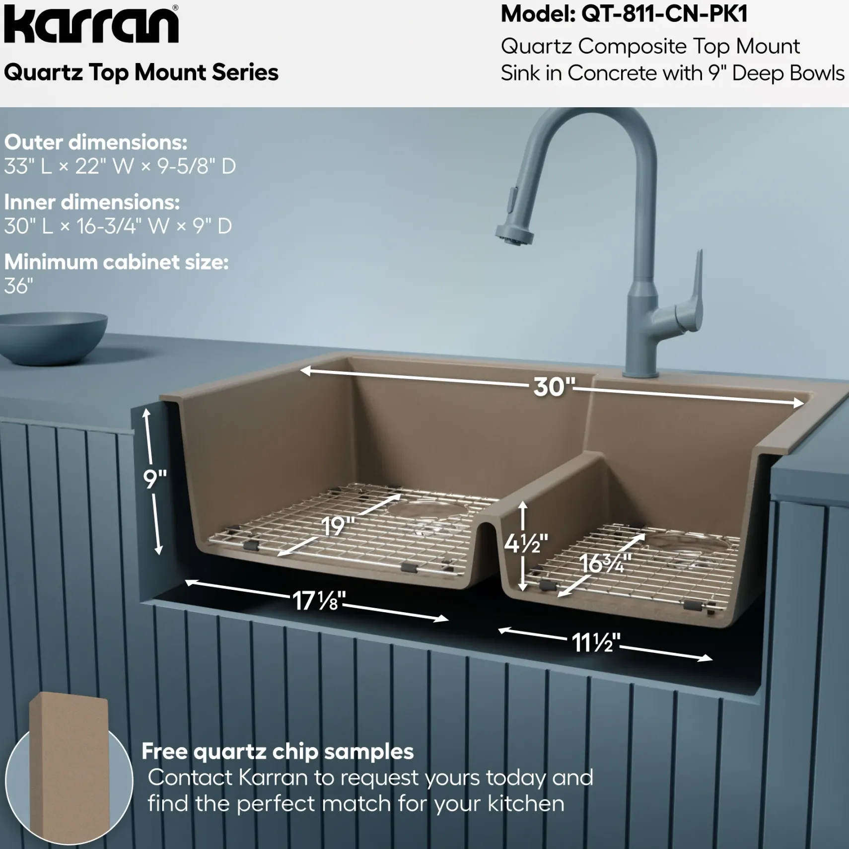 Karran 33" Drop In/Topmount Quartz Composite Kitchen Sink with Accessories, 60/40 Double Bowl, Concrete, QT-811-CN-PK1
