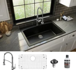 Karran 33" Drop In/Topmount Quartz Composite Kitchen Sink with Stainless Steel Faucet and Accessories, Black, QT712BL210SS
