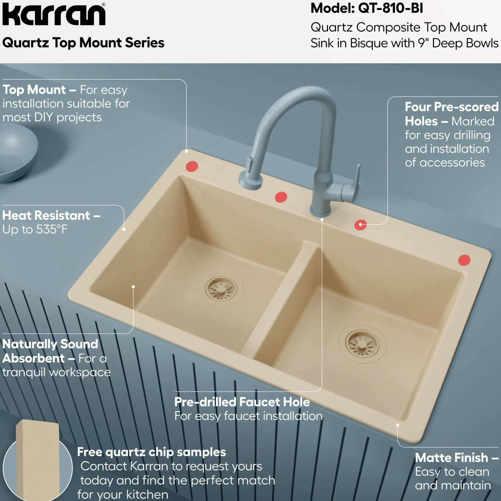 Karran 33" Drop In/Topmount Quartz Composite Kitchen Sink, 50/50 Double Bowl, Bisque, QT-810-BI
