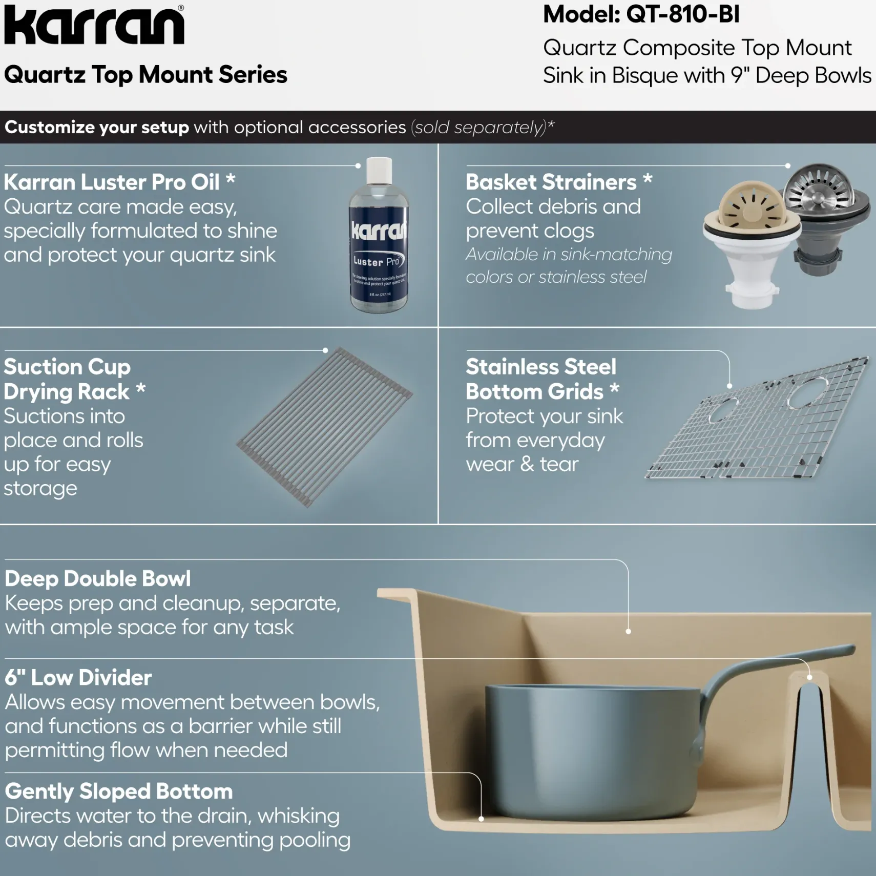 Karran 33" Drop In/Topmount Quartz Composite Kitchen Sink, 50/50 Double Bowl, Bisque, QT-810-BI