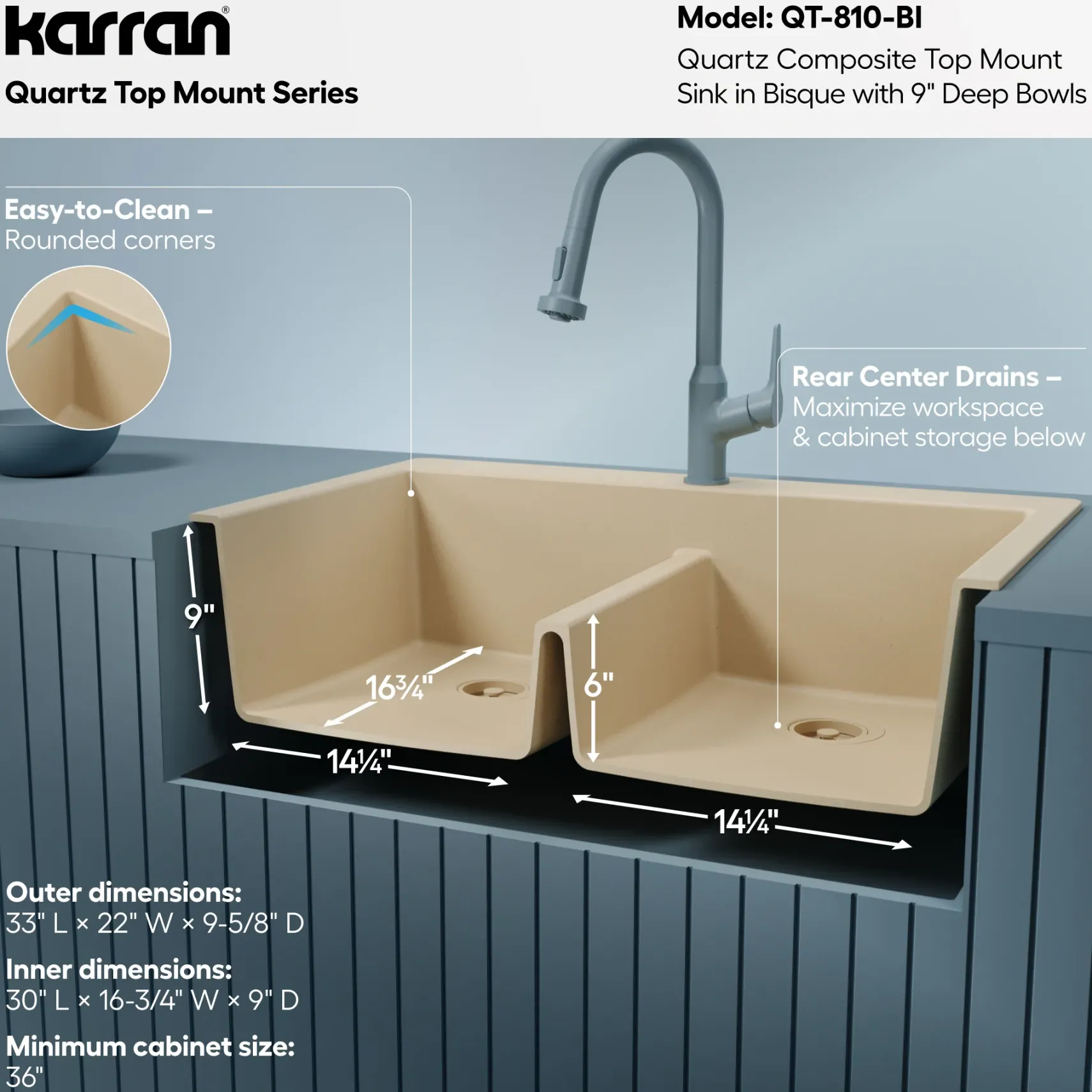 Karran 33" Drop In/Topmount Quartz Composite Kitchen Sink, 50/50 Double Bowl, Bisque, QT-810-BI