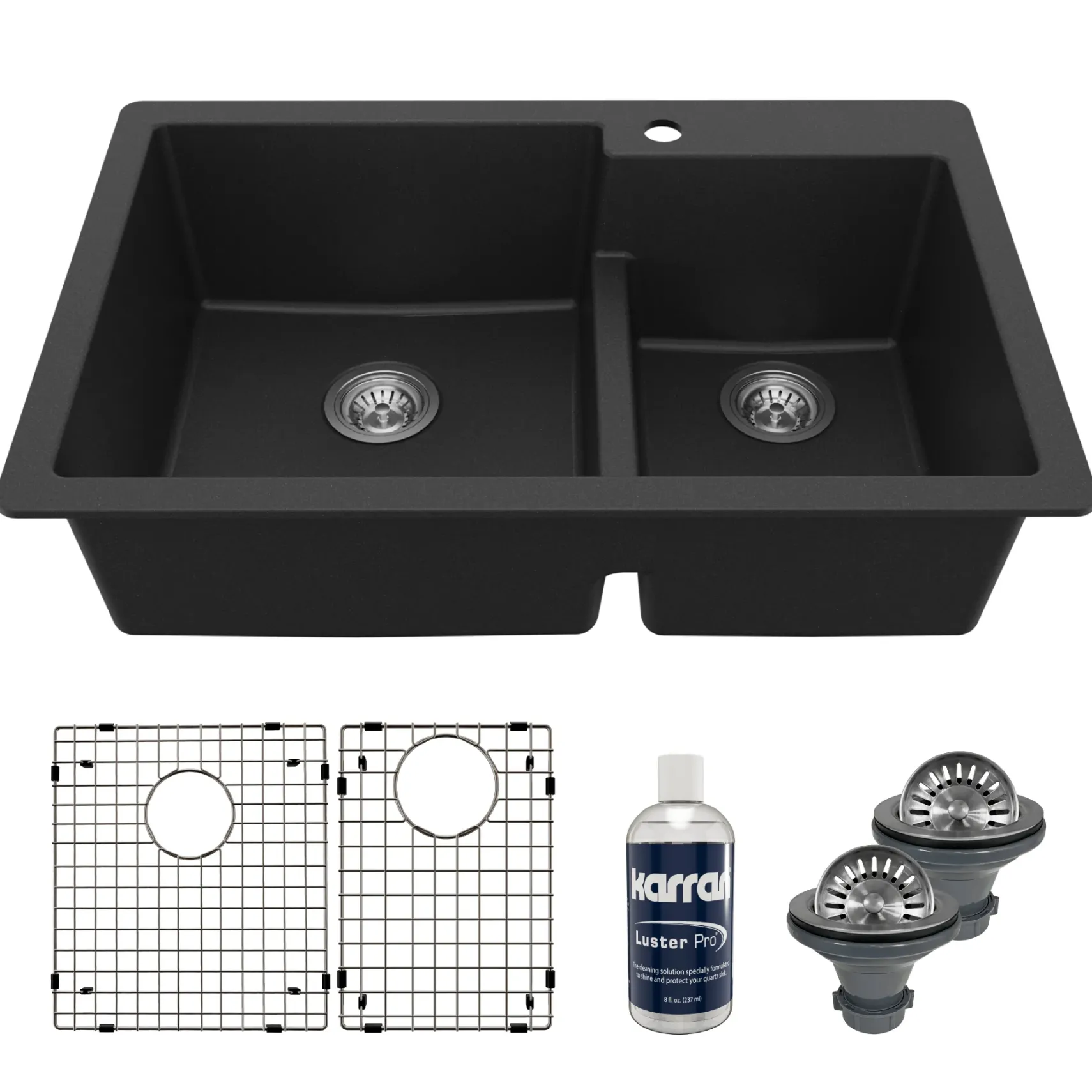 Karran 33" Drop In/Topmount Quartz Composite Kitchen Sink with Accessories, 60/40 Double Bowl, Black, QT-811-BL-PK1