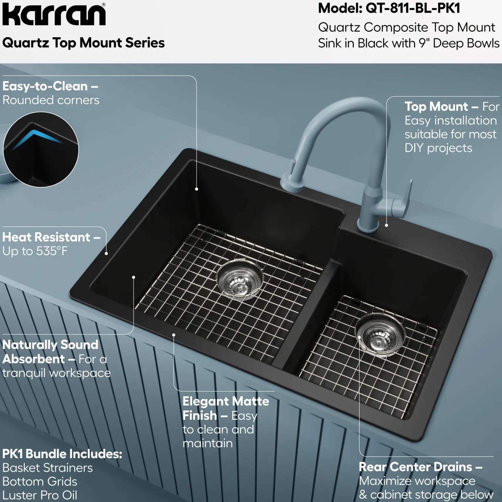 Karran 33" Drop In/Topmount Quartz Composite Kitchen Sink with Accessories, 60/40 Double Bowl, Black, QT-811-BL-PK1