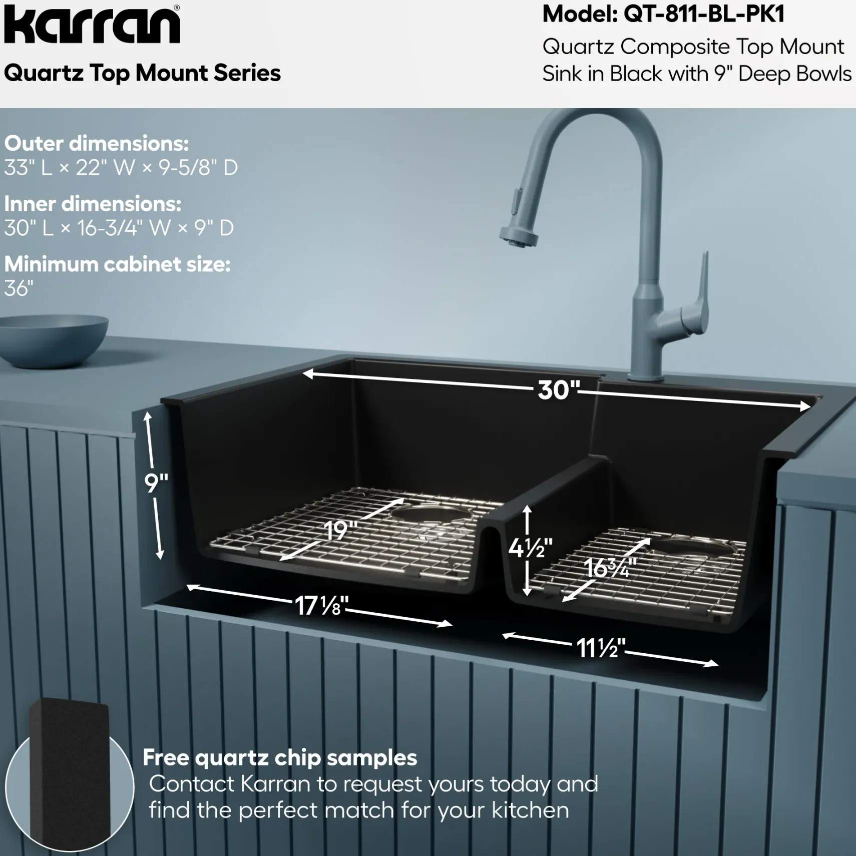 Karran 33" Drop In/Topmount Quartz Composite Kitchen Sink with Accessories, 60/40 Double Bowl, Black, QT-811-BL-PK1