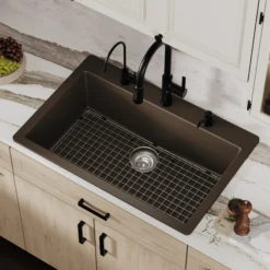 Karran 33" Drop In/Topmount Quartz Composite Kitchen Sink with Accessories, Brown, QT-812-BR-PK1