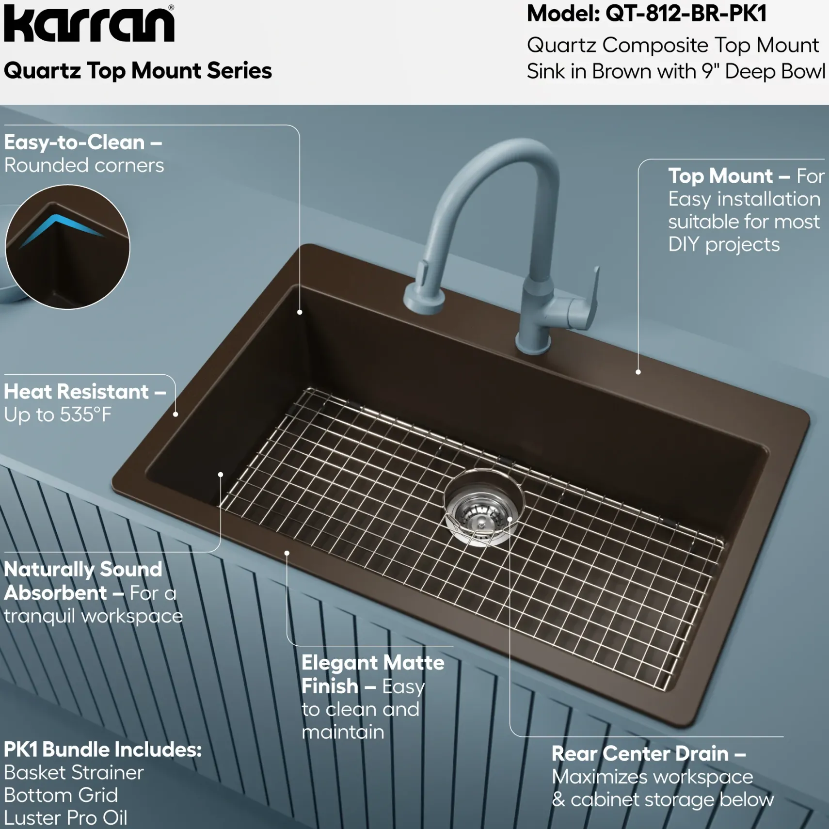 Karran 33" Drop In/Topmount Quartz Composite Kitchen Sink with Accessories, Brown, QT-812-BR-PK1