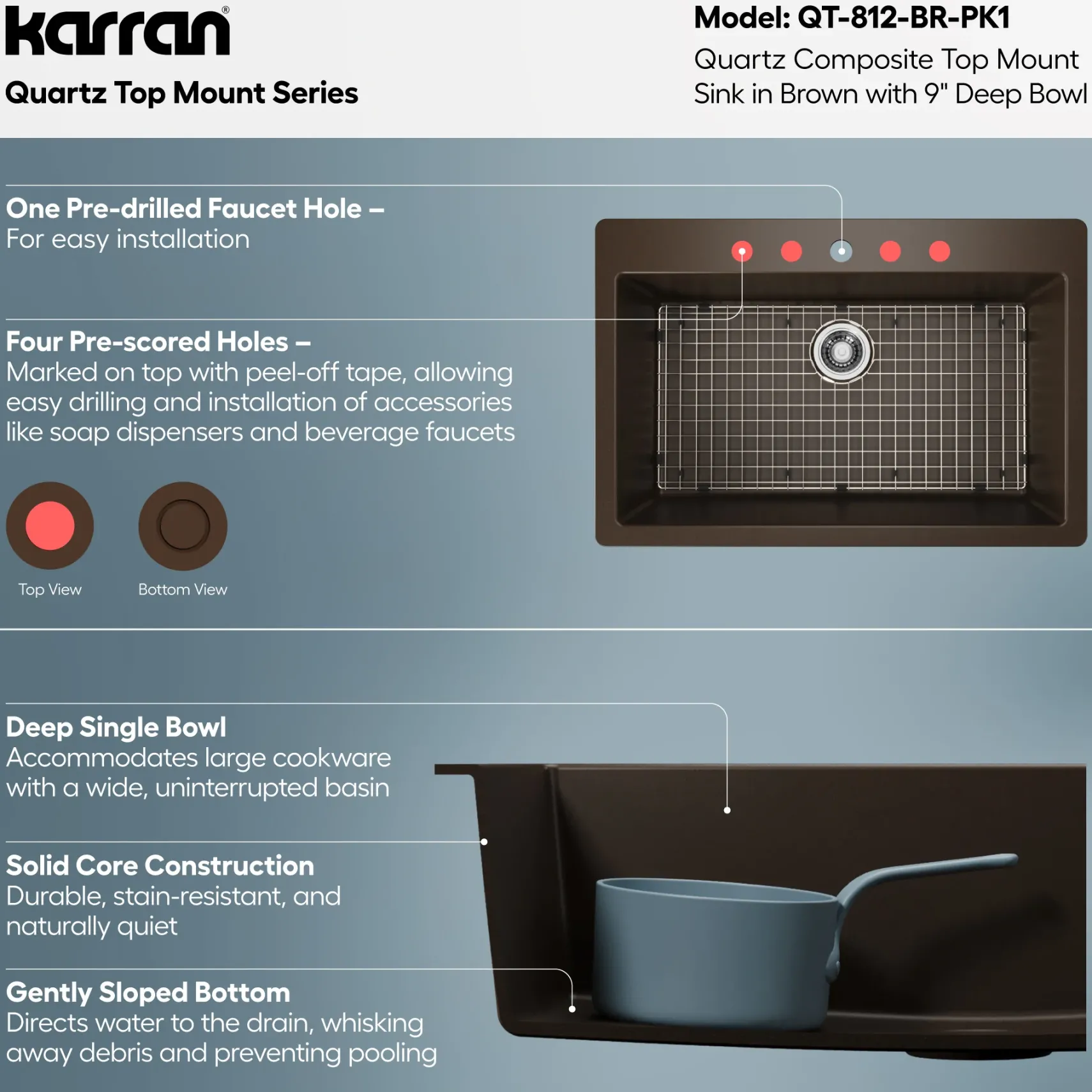 Karran 33" Drop In/Topmount Quartz Composite Kitchen Sink with Accessories, Brown, QT-812-BR-PK1