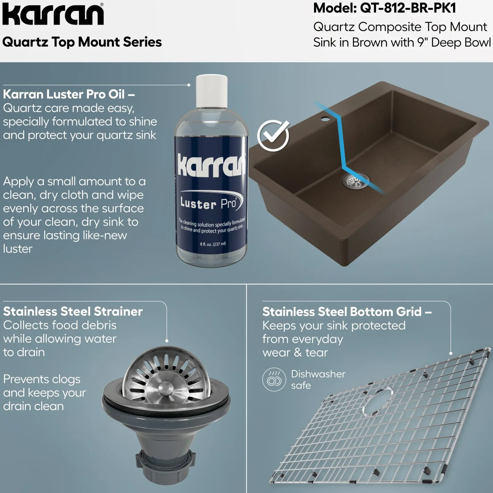Karran 33" Drop In/Topmount Quartz Composite Kitchen Sink with Accessories, Brown, QT-812-BR-PK1