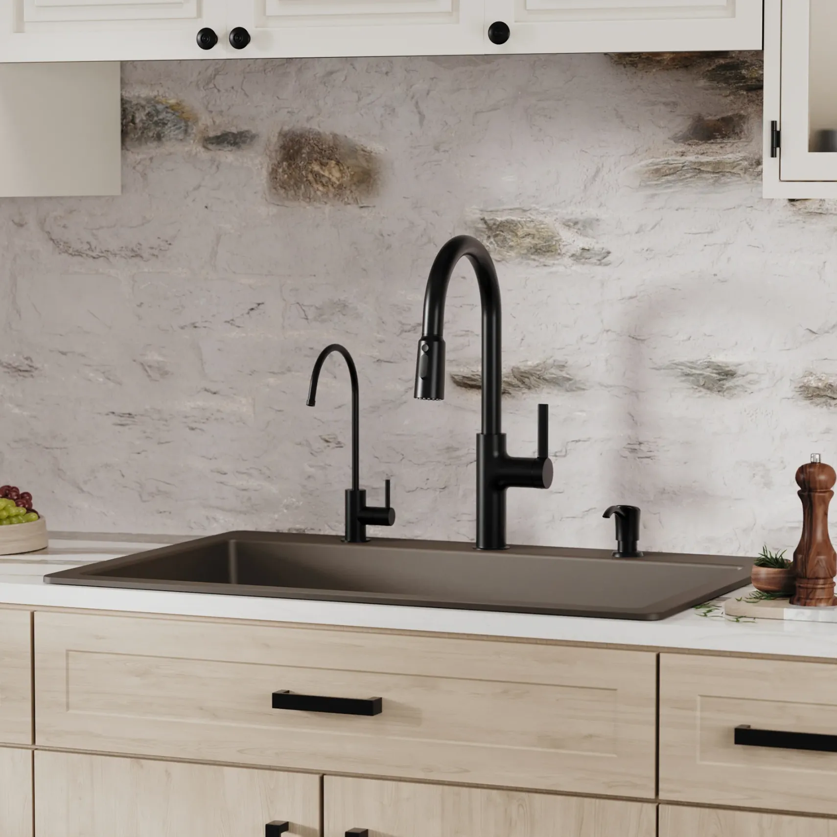 Karran 33" Drop In/Topmount Quartz Composite Kitchen Sink with Accessories, Brown, QT-812-BR-PK1