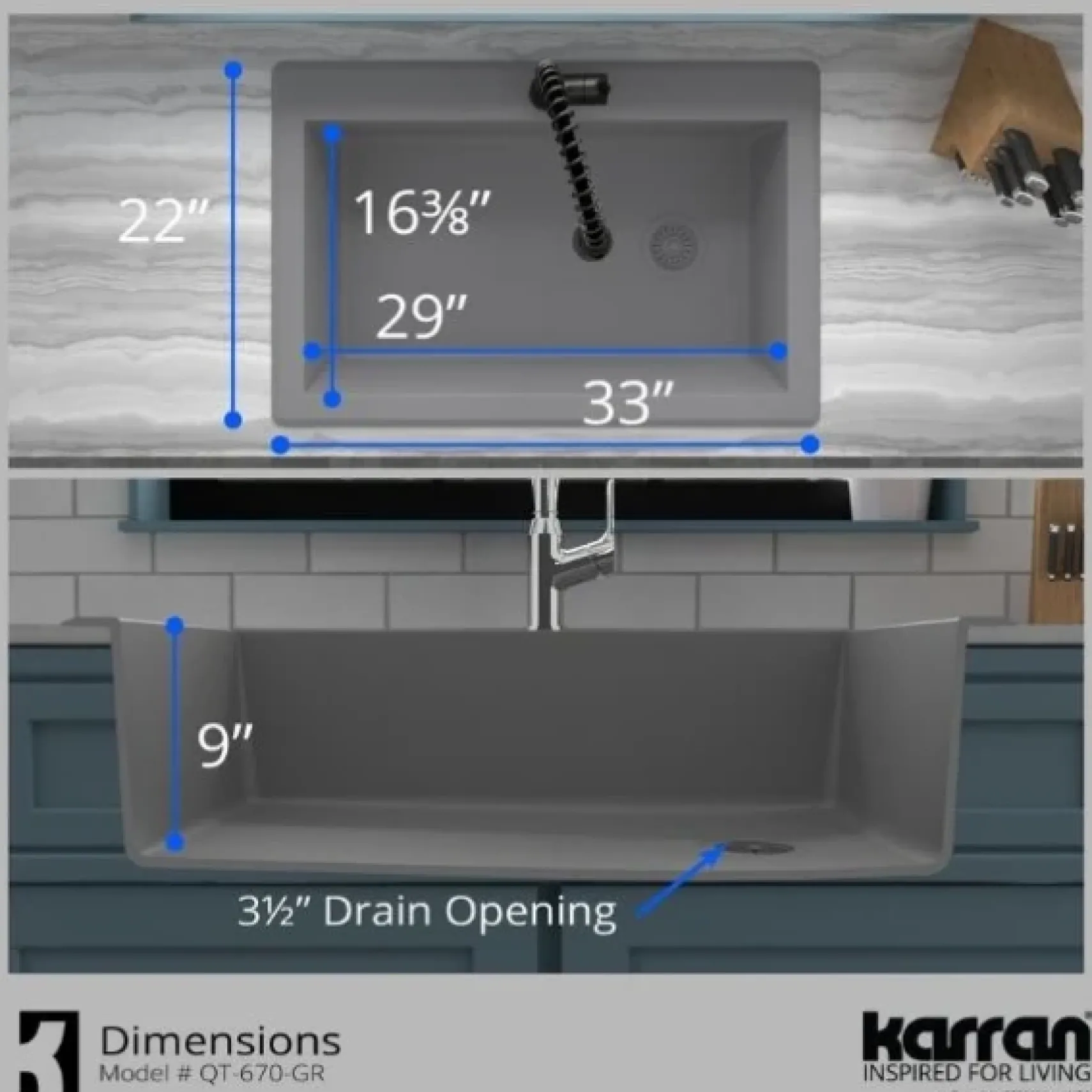 Karran 33" Drop In/Topmount Quartz Composite Kitchen Sink, Grey, QT-670-GR